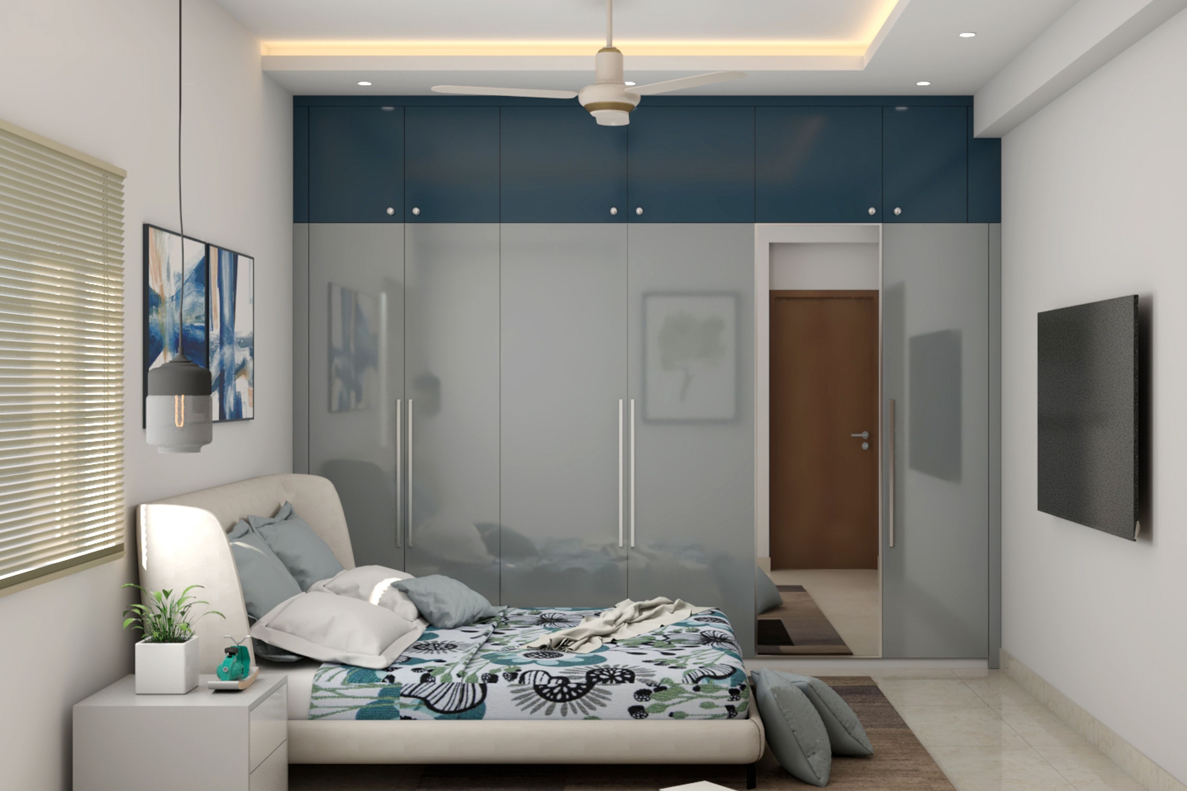 Light Grey Bedroom Design With Glossy Two Toned Colours
