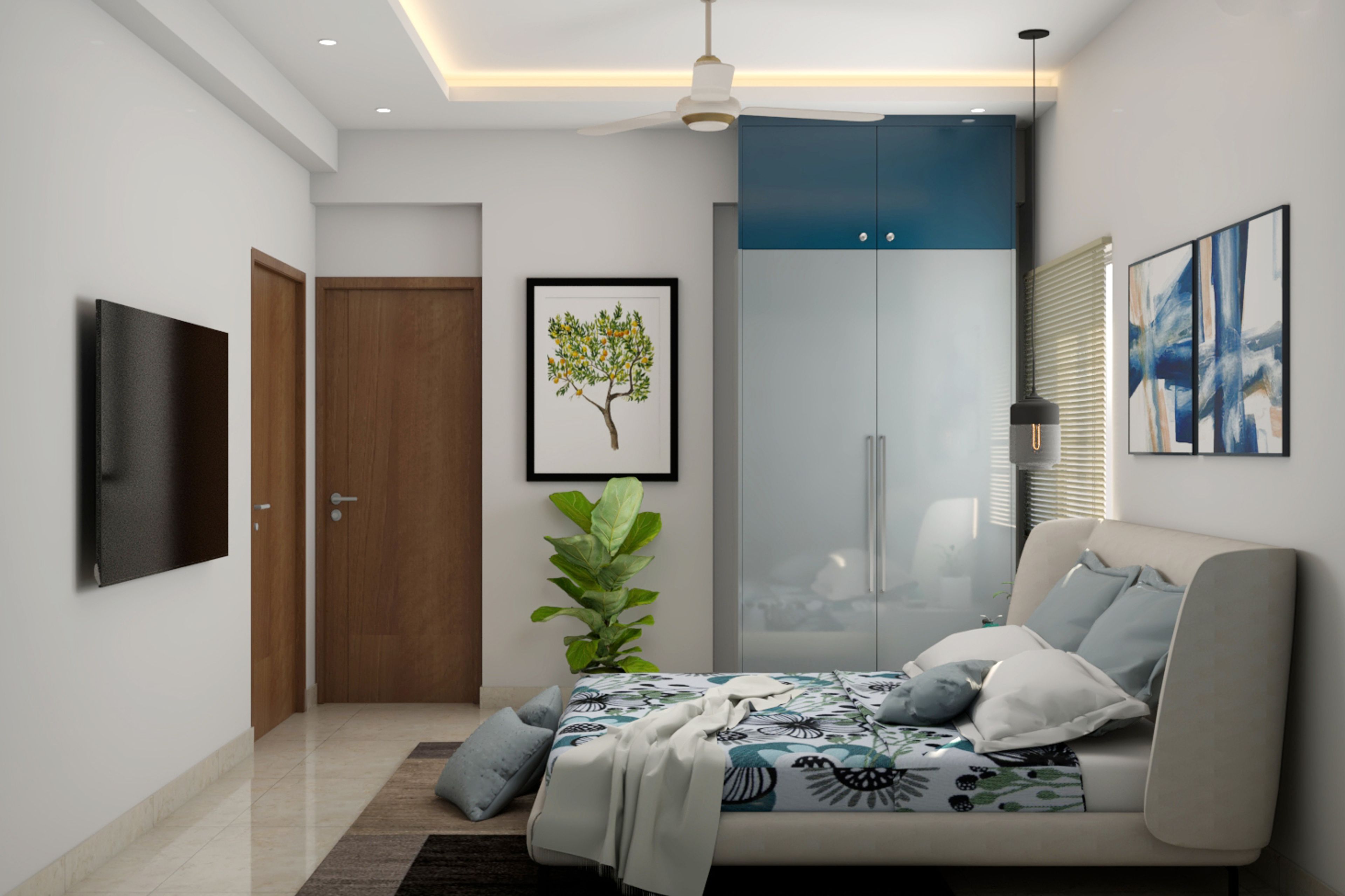 Neutral Toned Bedroom Design With Glossy Wardrobe - Livspace