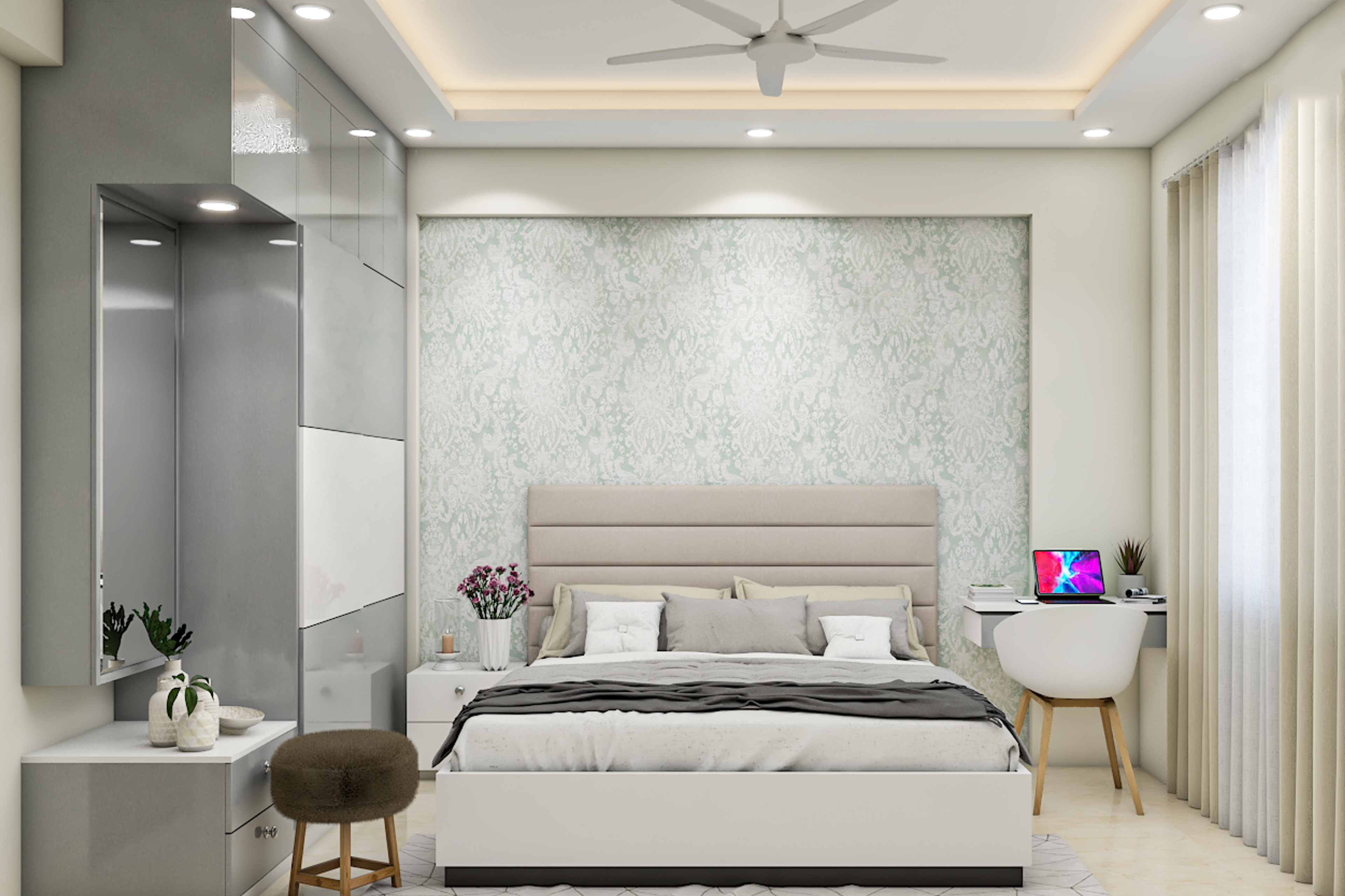 Contemporary Style Compact White And Grey Master Bedroom Design