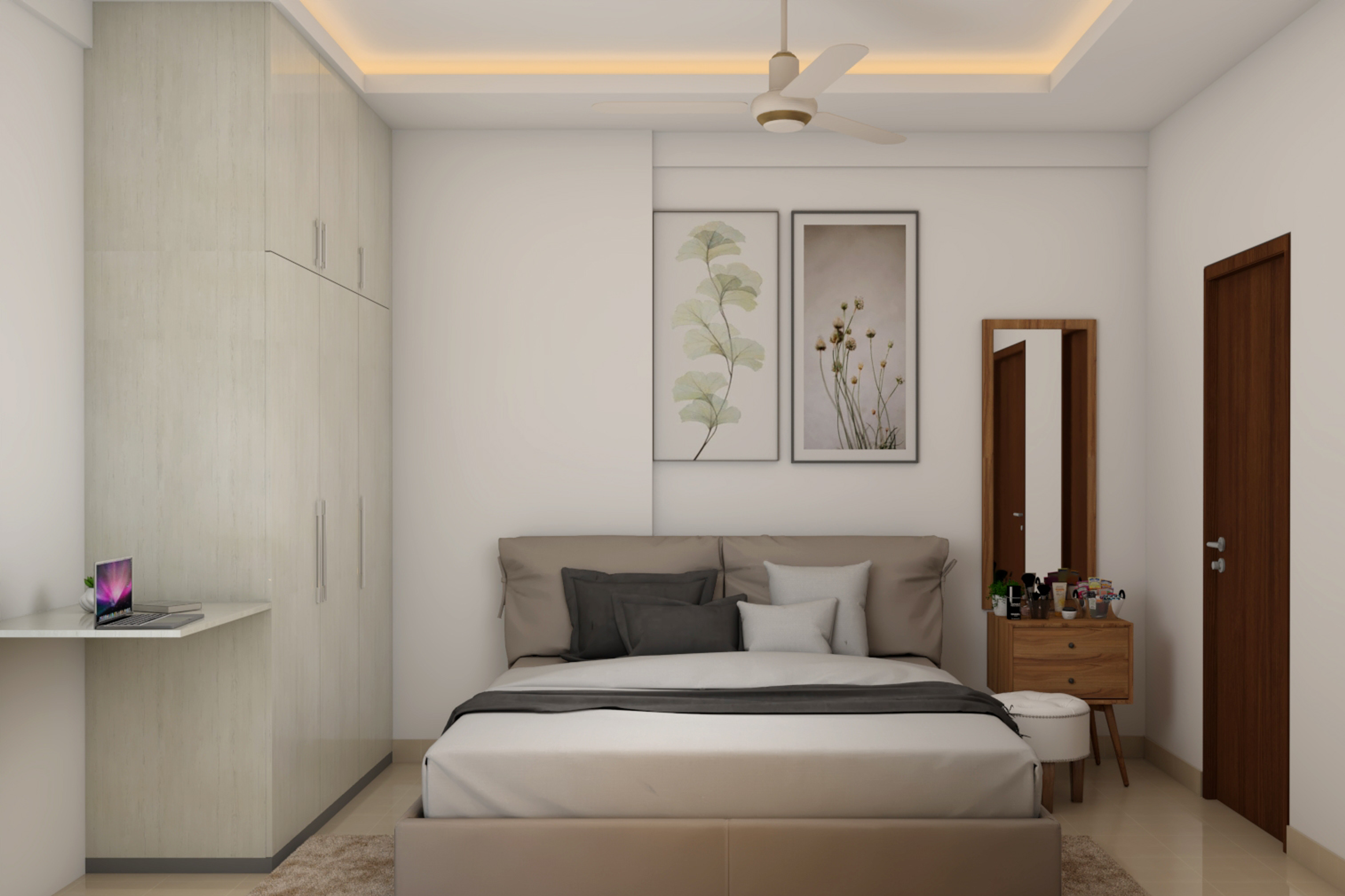 Neutral Toned Master Bedroom Design With Wooden Dresser