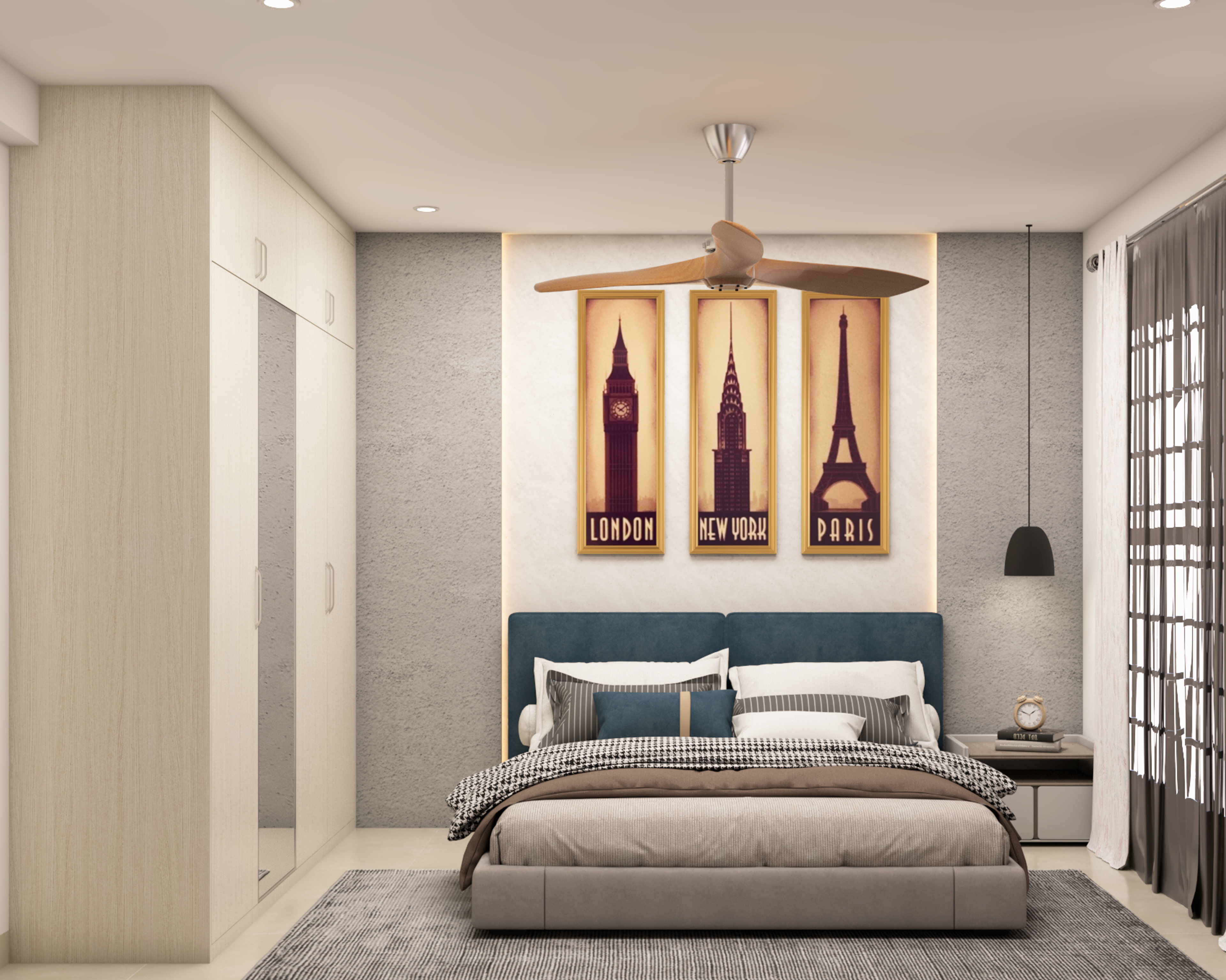 Modern Style Spacious Master Bedroom Design In Grey And Blue