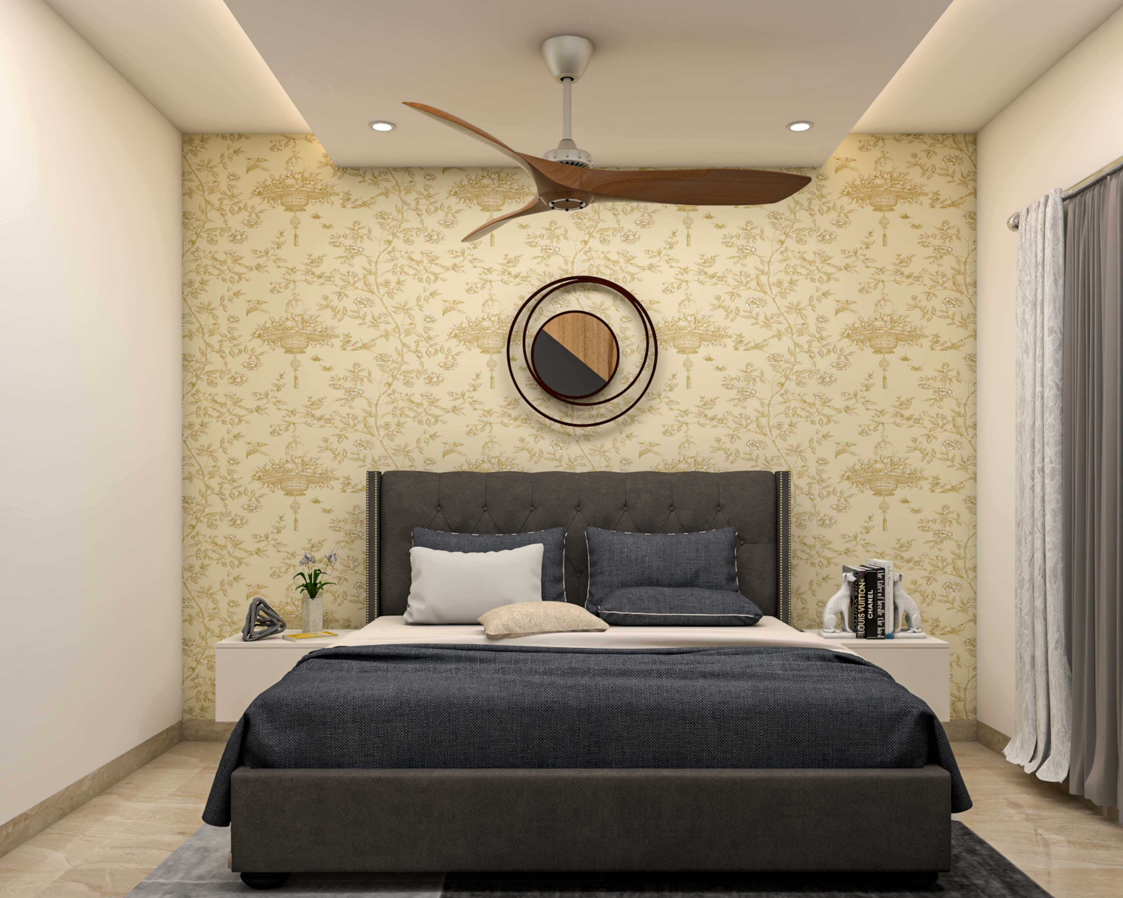 Compact Sized Contemporary Style Master Bedroom Design With Yellow Wallpaper