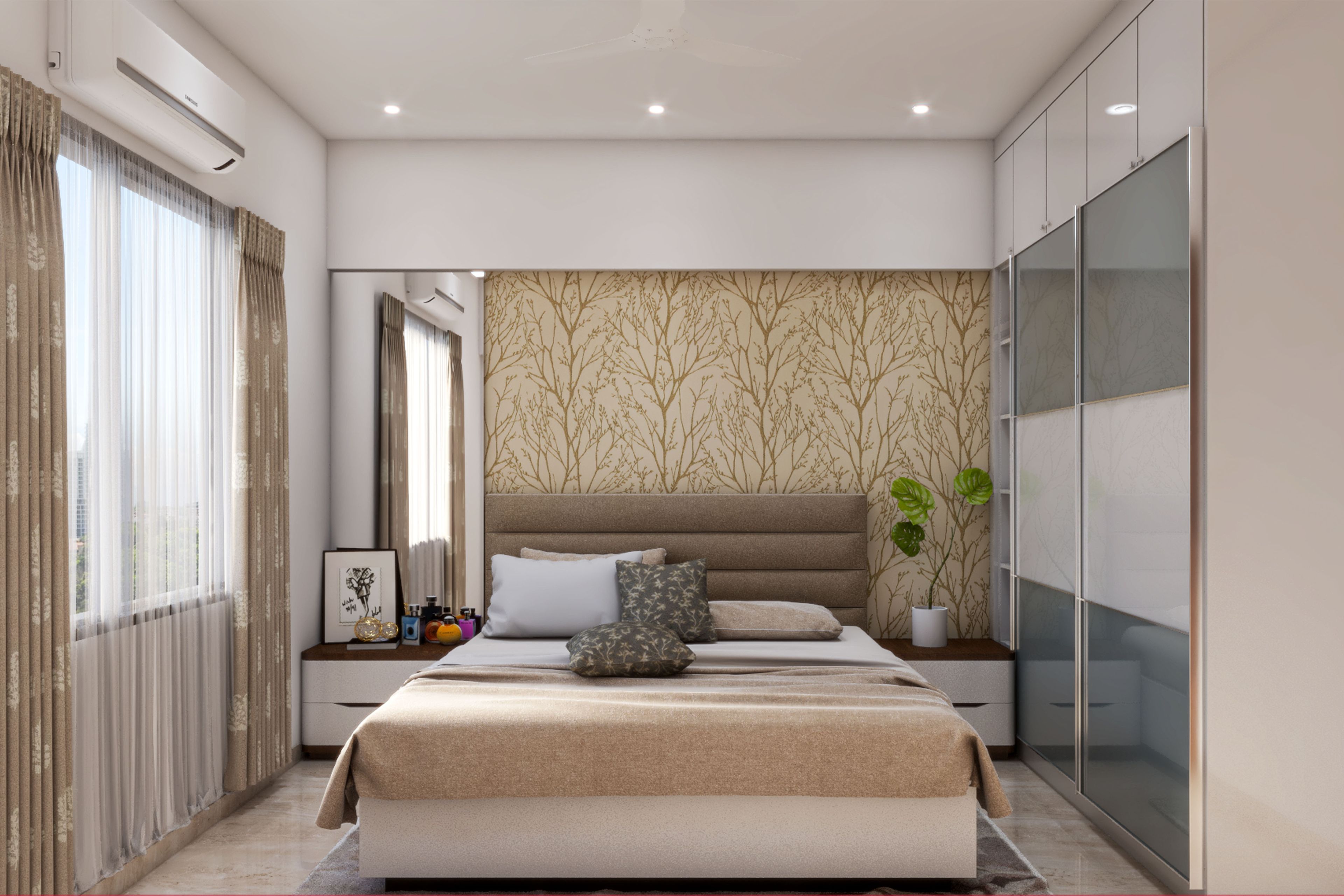 Modern Beige Bedroom With Patterned Wallpaper