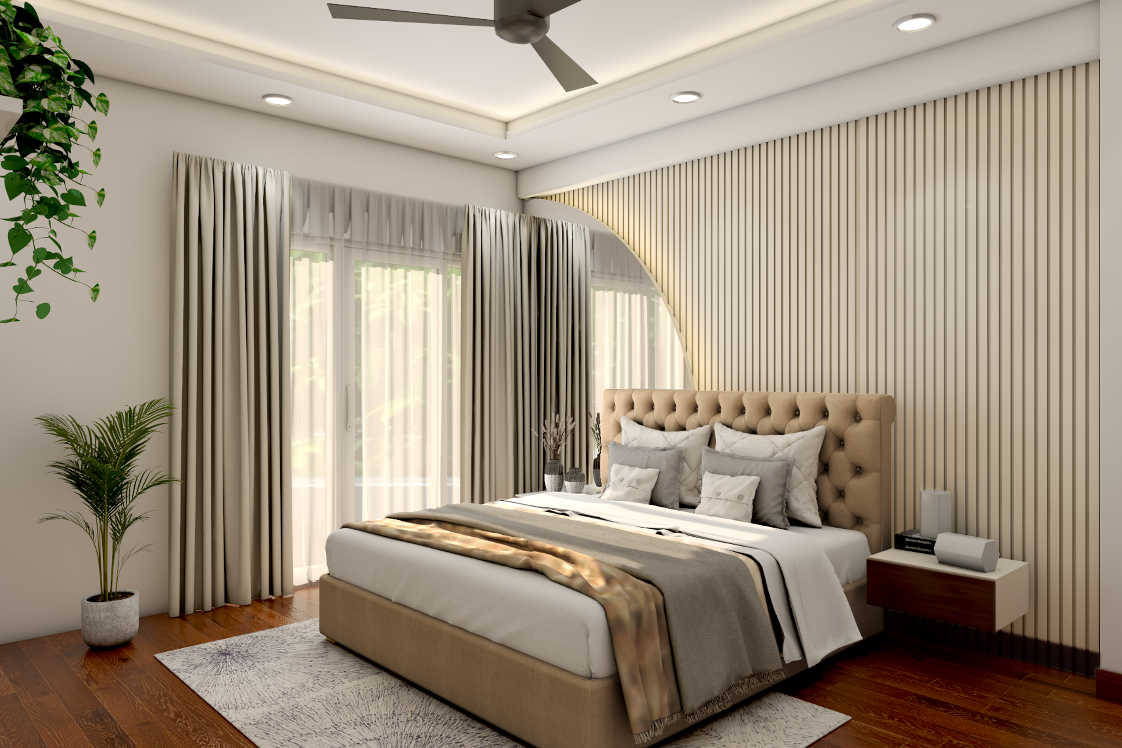 Cream-Coloured Bedroom Design With Semi-Circular Mirror