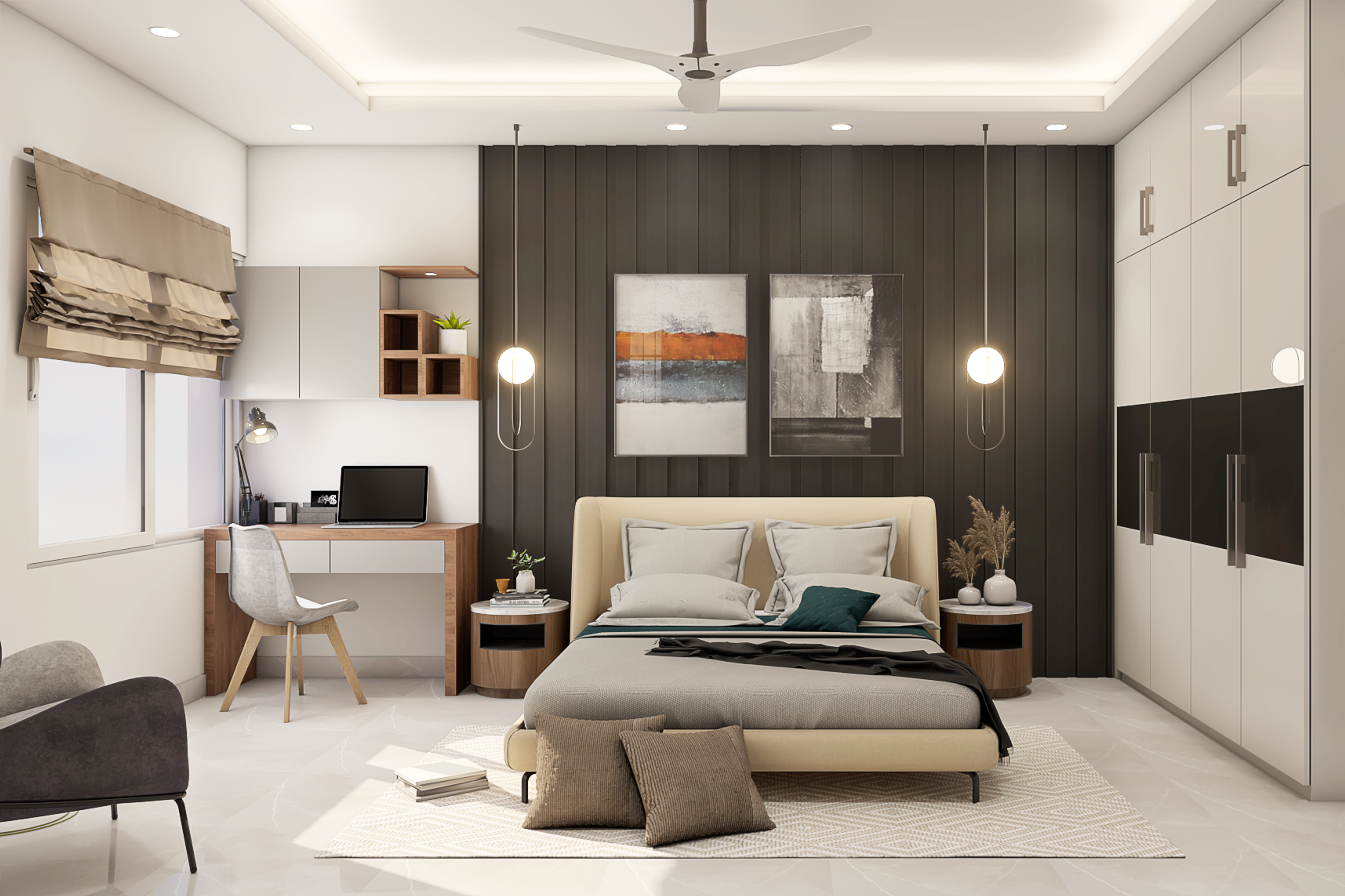Contemporary Styled Master Bedroom With Wooden Paneling