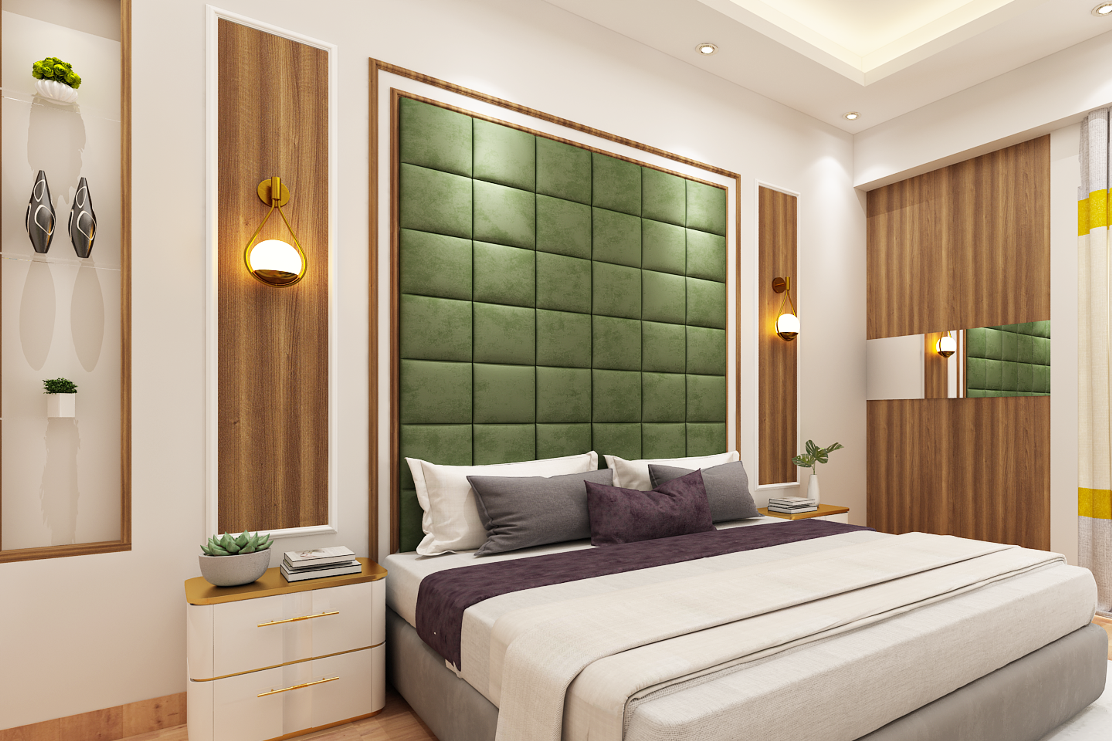 Modern Spacious Master Bedroom Design With Wooden Textured Walls