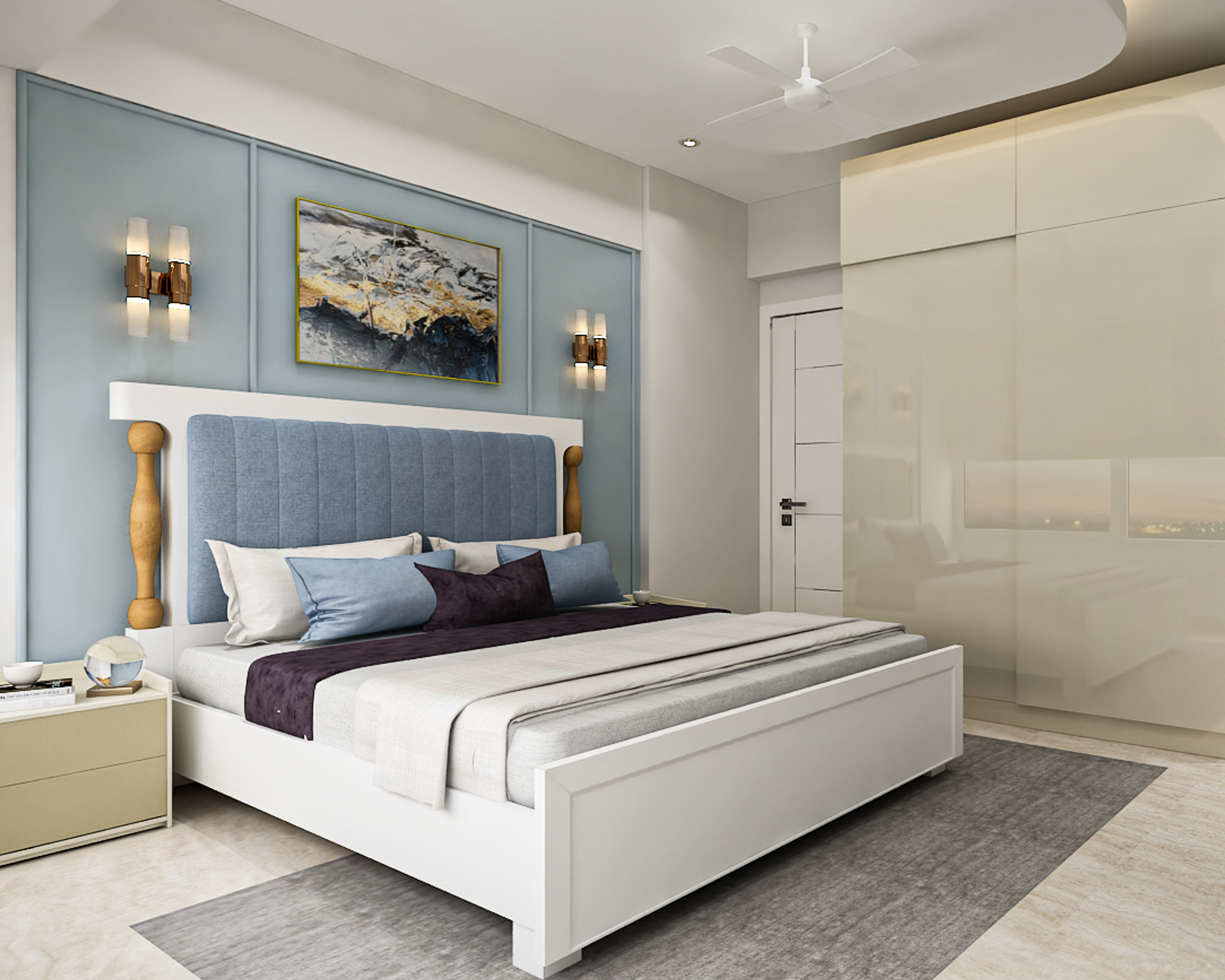 Modern Master Bedroom Design In Blue And White