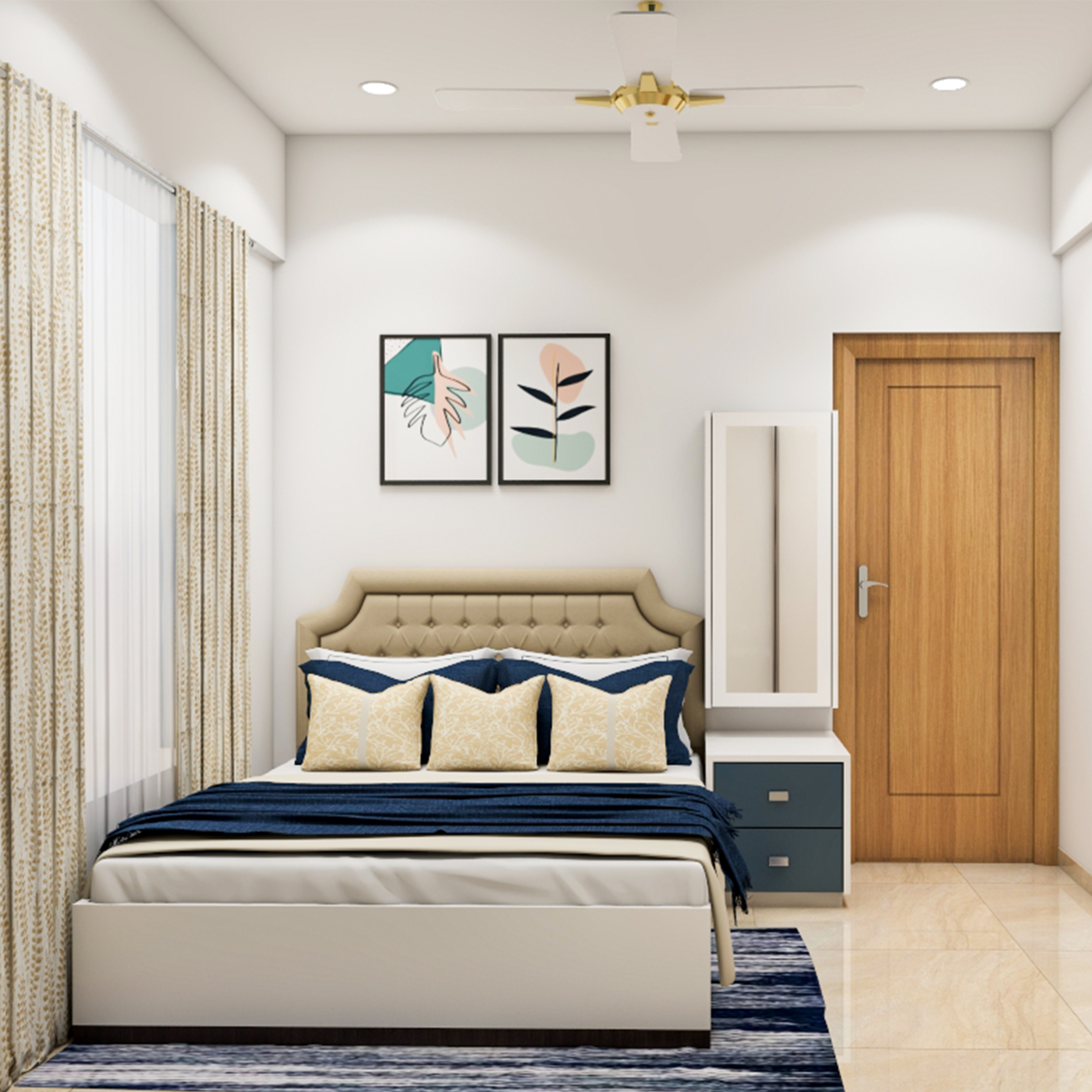 Modern Blue And White Master Bedroom Design With Dressing Table