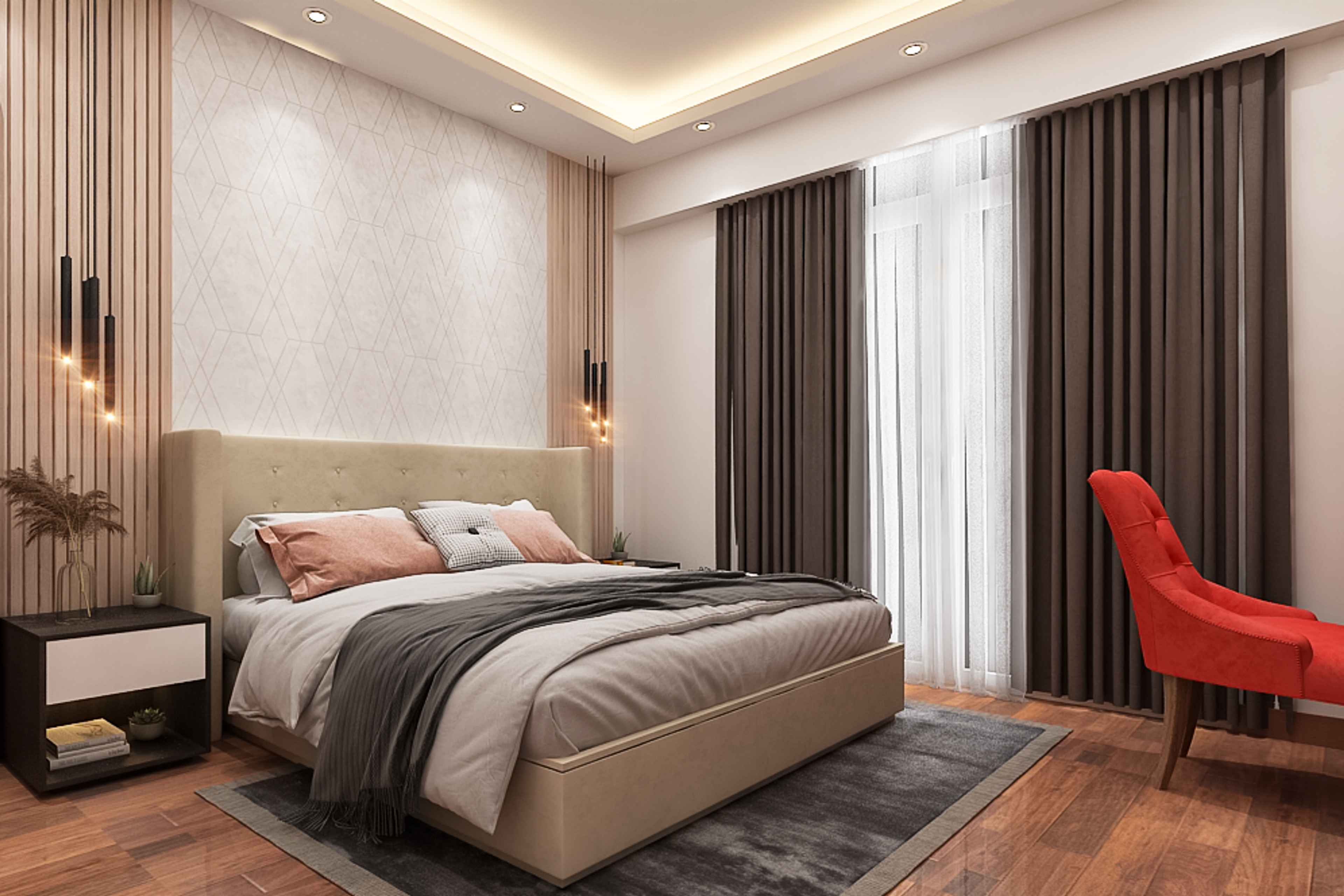 Contemporary Master Bedroom Design With Wall-Mounted TV Console
