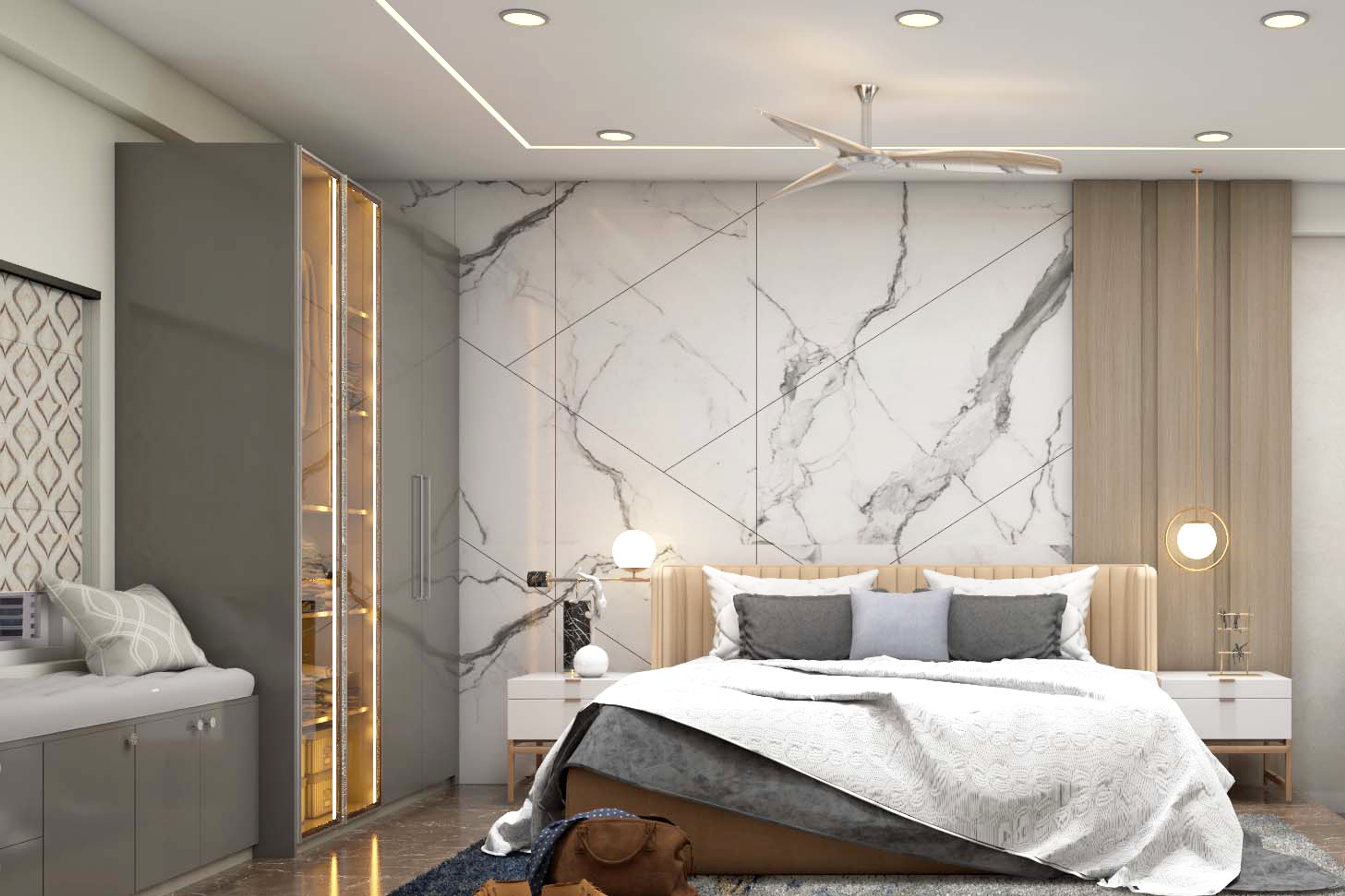 Modern Style Spacious Master Bedroom Design With Marble Backsplash Wall
