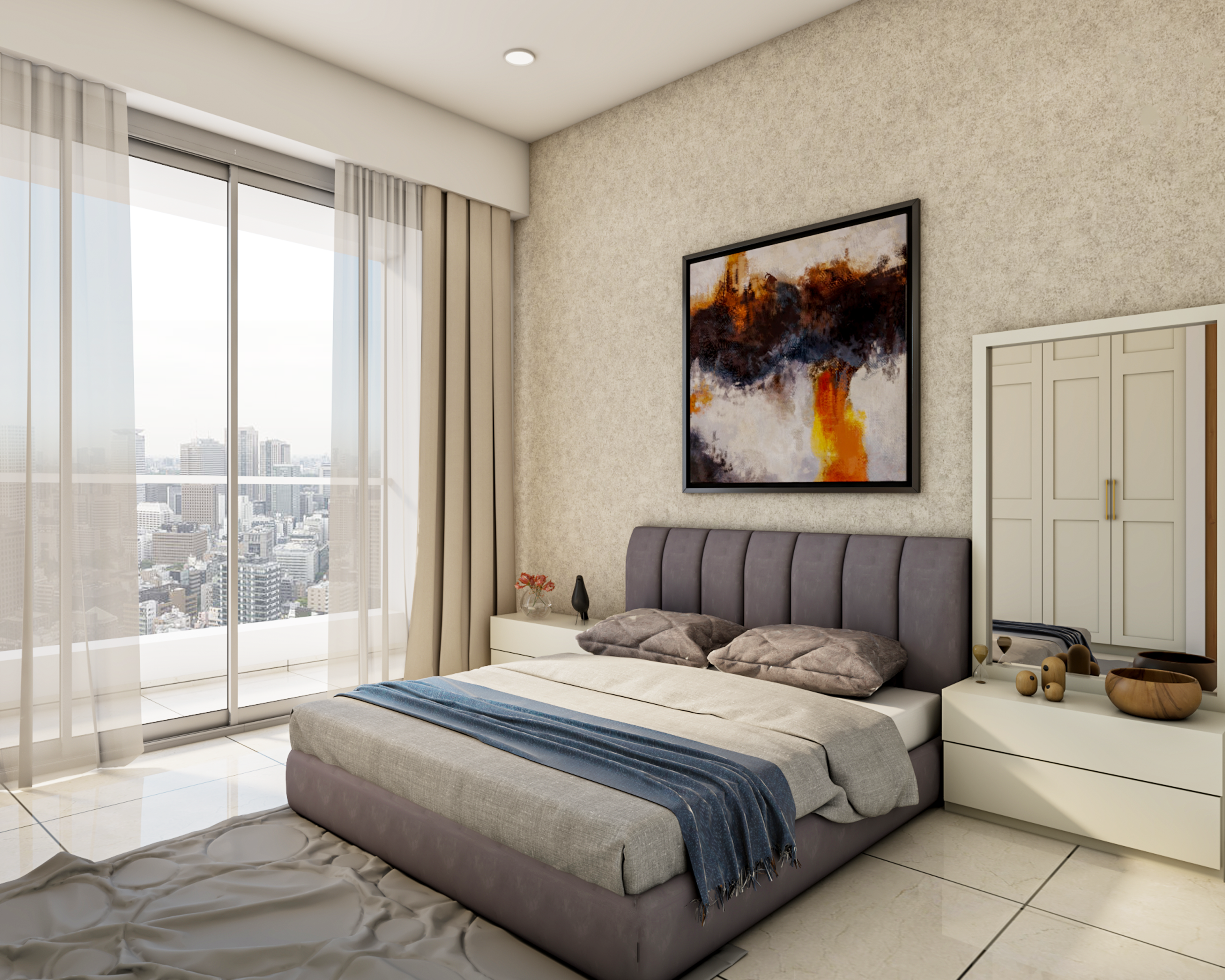 Modern Bedroom Design With Grey Tufted Bed And Large Glass Windows