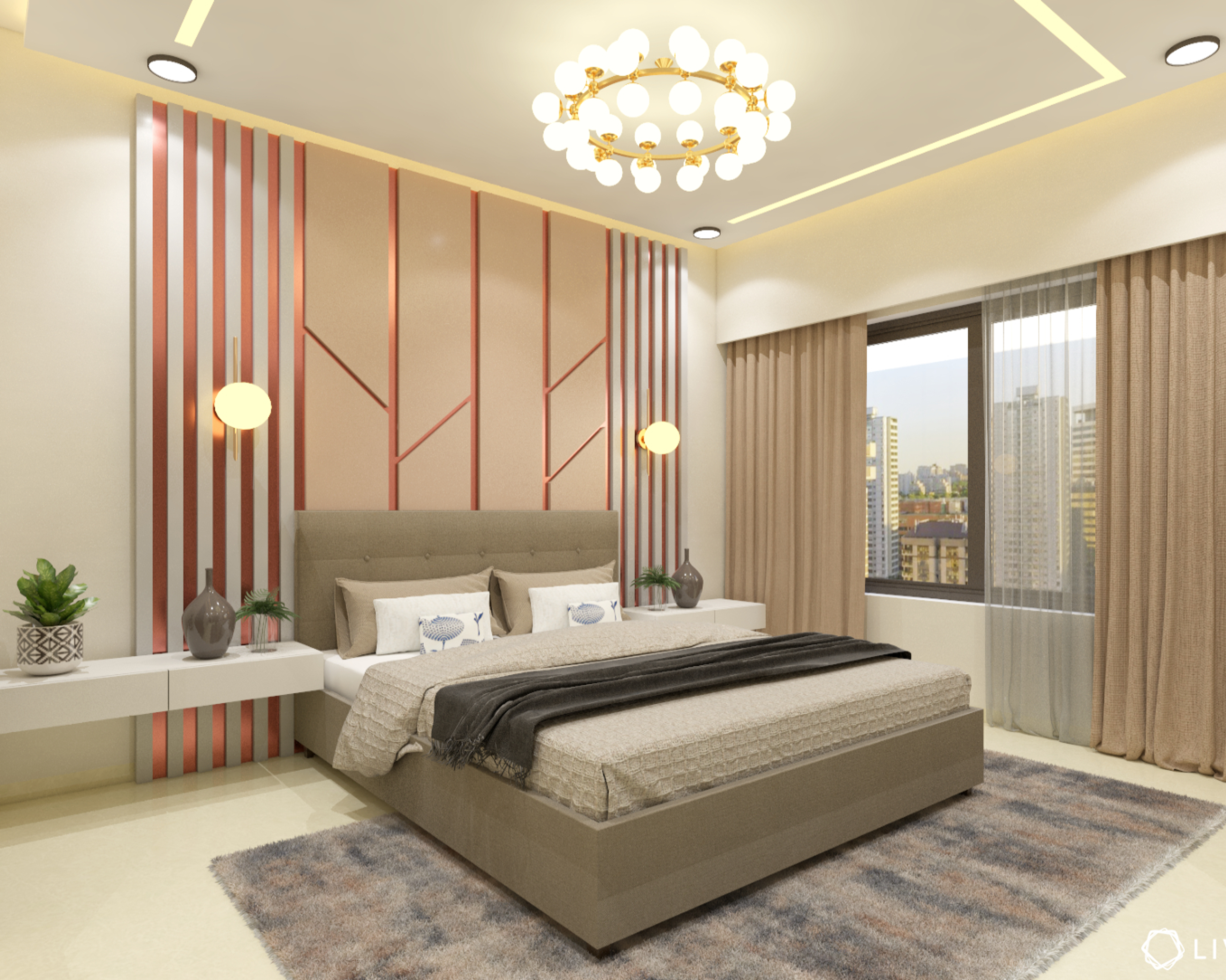 Blush Pink And Grey Master Bedroom Design With Vertical Panelling