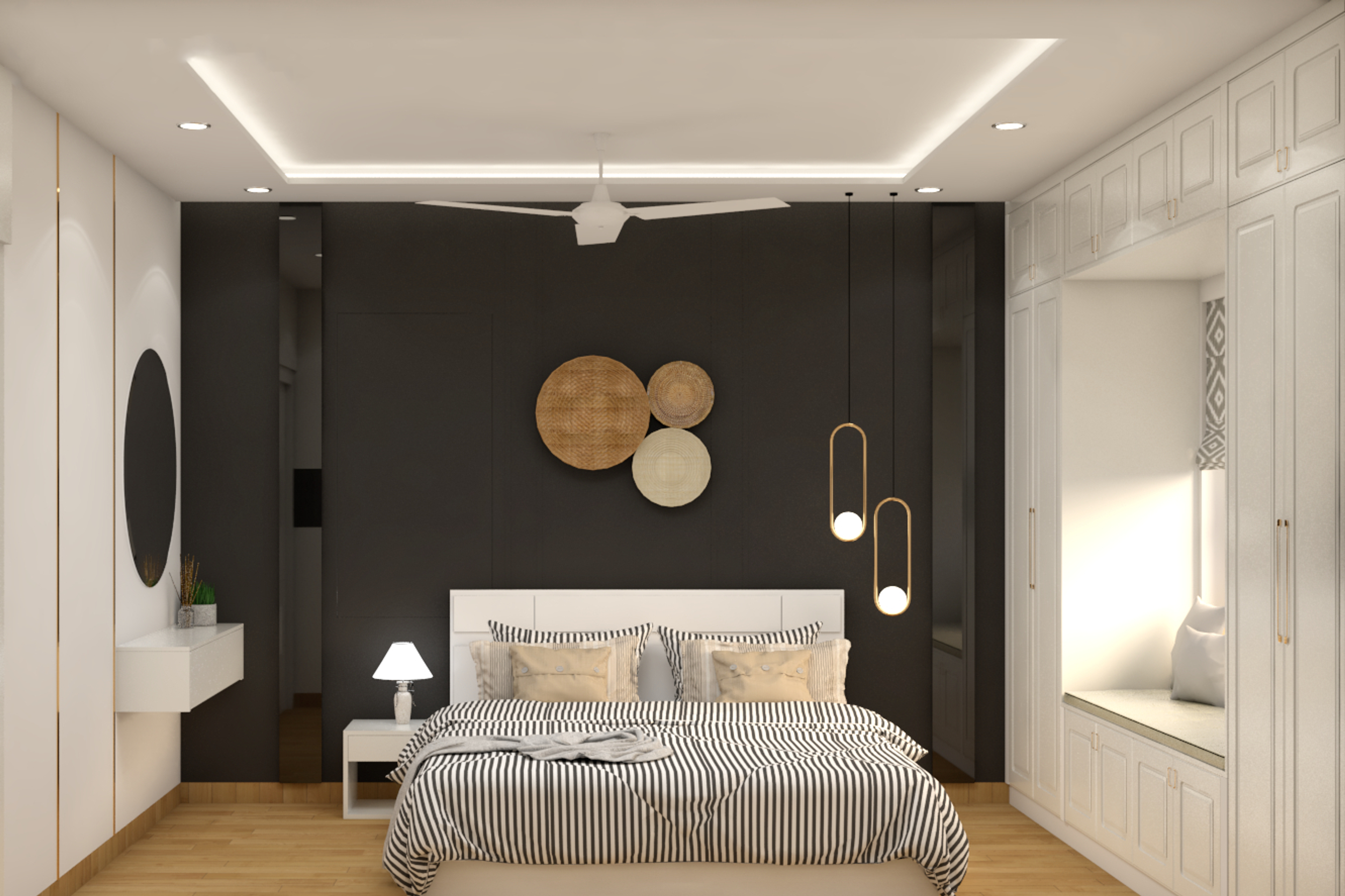 Spacious Bedroom Design With White Bed And Black Accent Wall