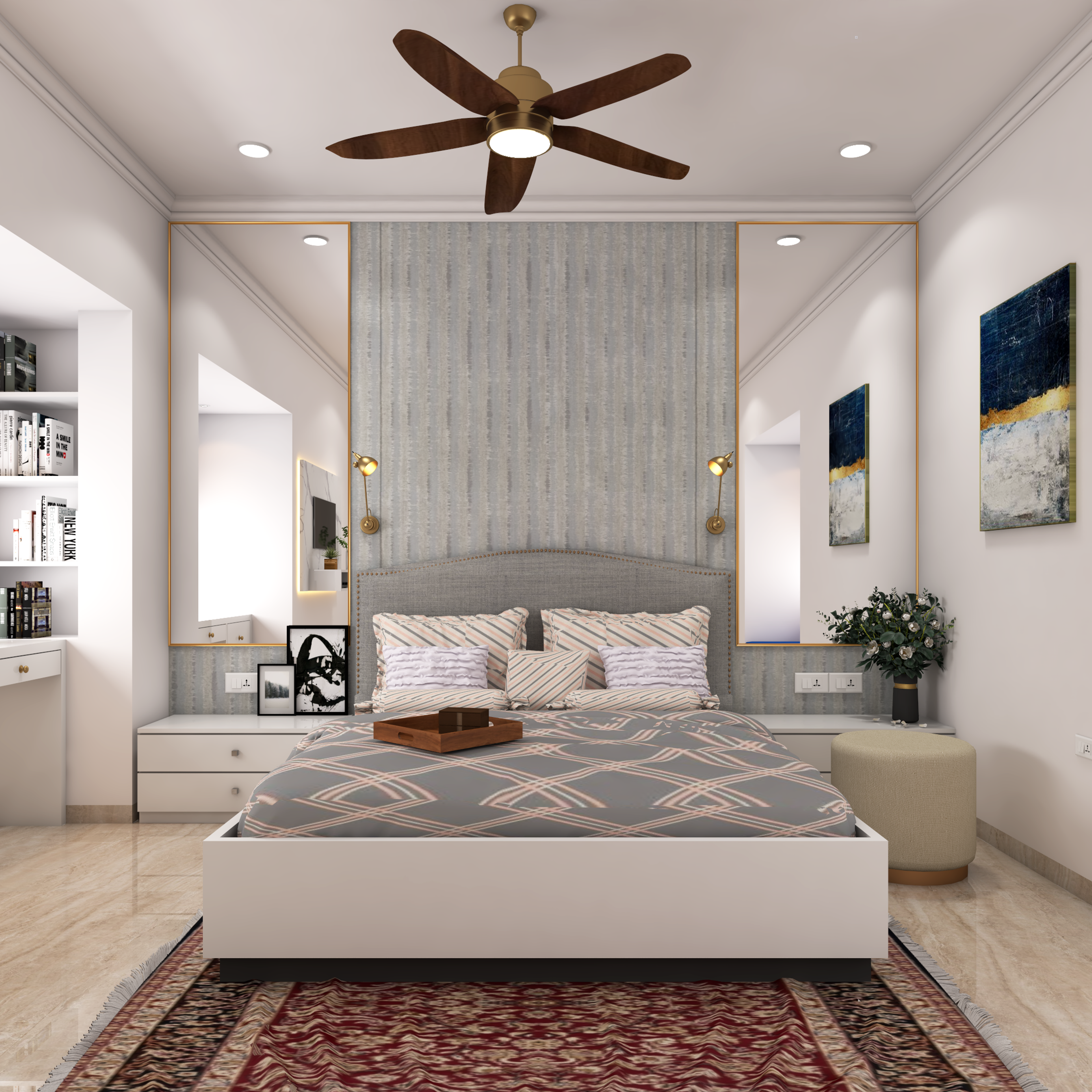 Contemporary Grey Master Bedroom Design With Brass-Finish Wall Lights