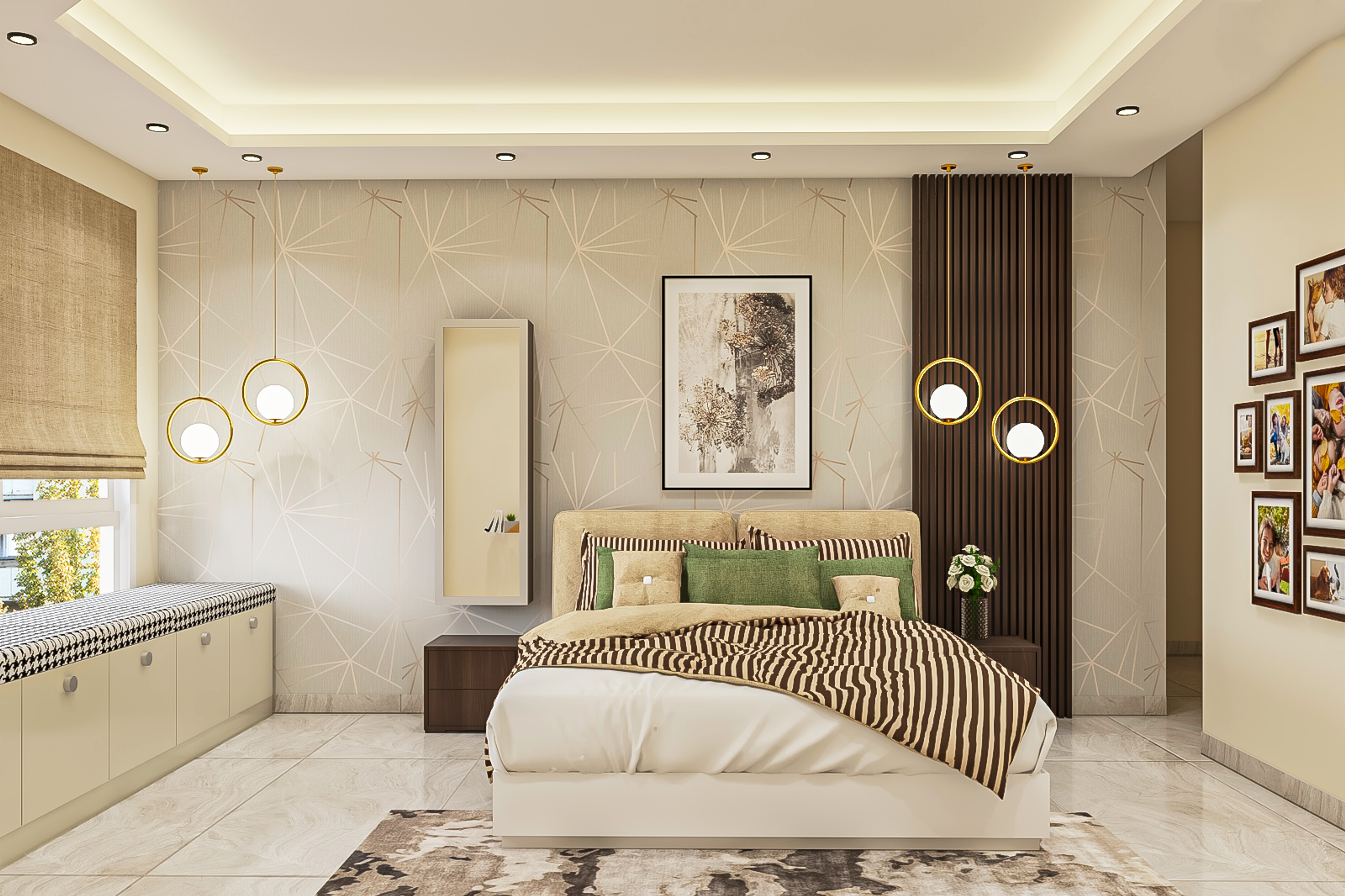 Modern And Spacious Bedroom With Golden Interiors