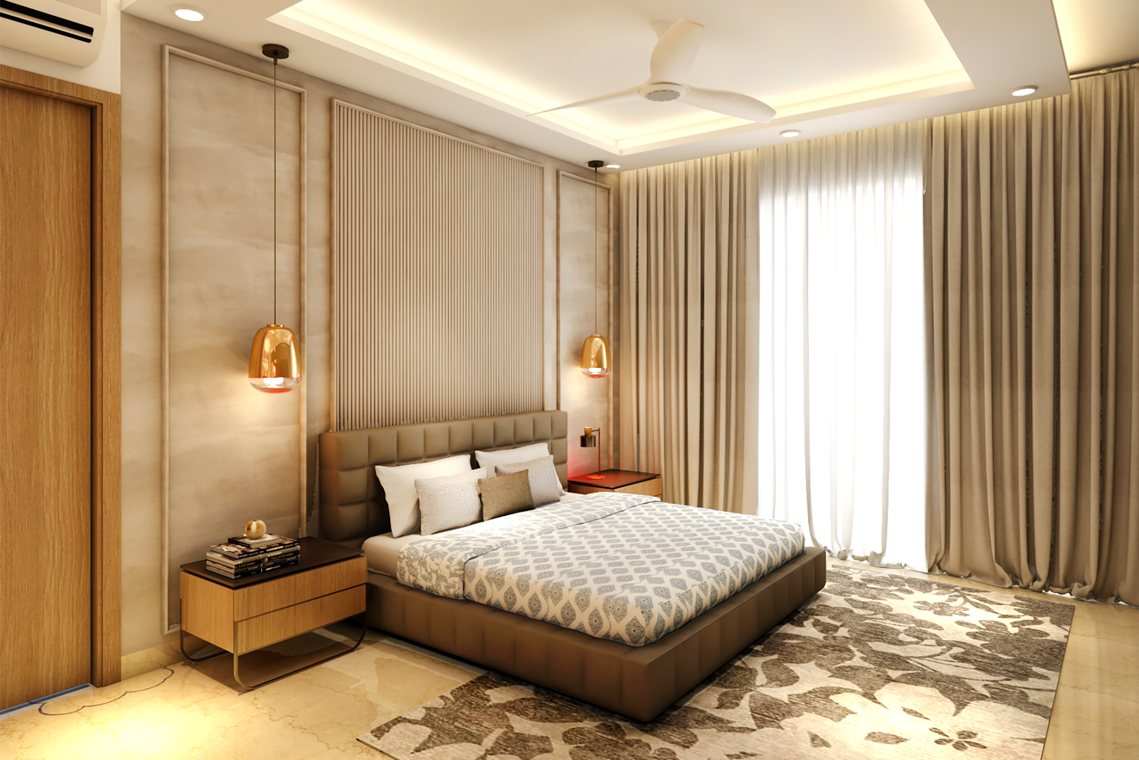 Contemporary Master Bedroom Design With Golden Pendant Lights