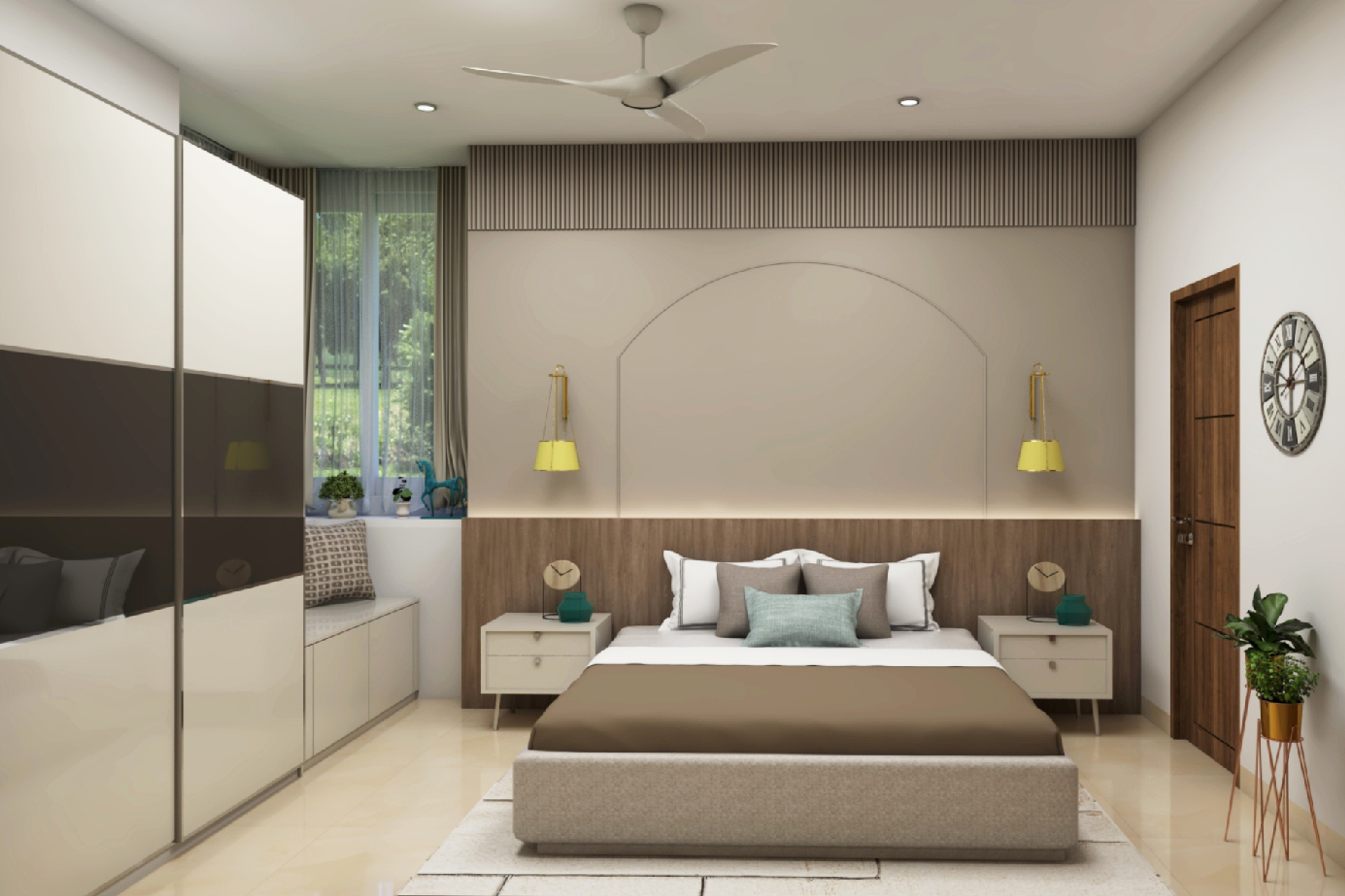 Master Bedroom Design With Earthy Colour Tones And Sliding Wardrobe