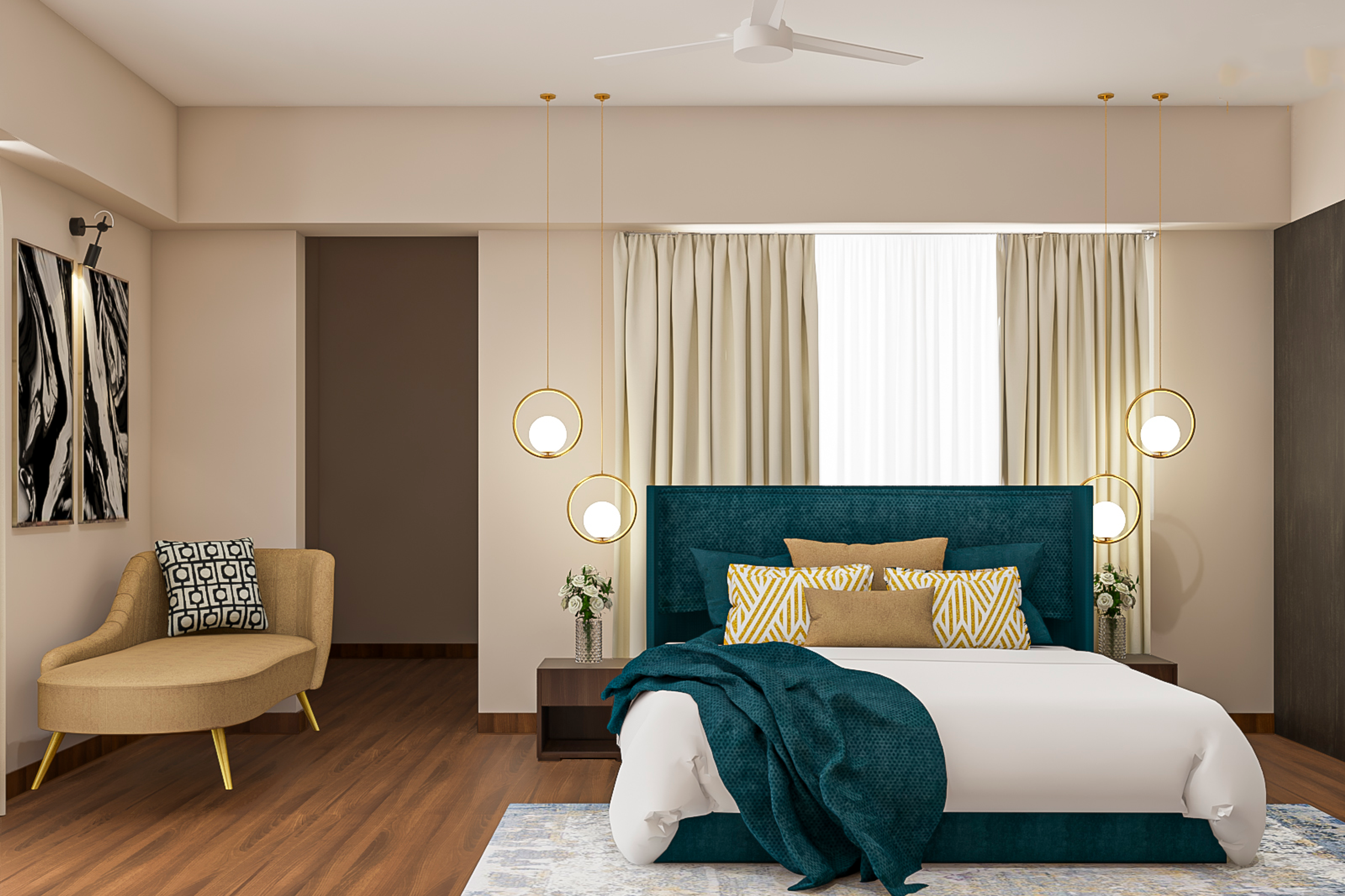 Spacious Beige Themed Bedroom With Dark Blue Tufted Headboard