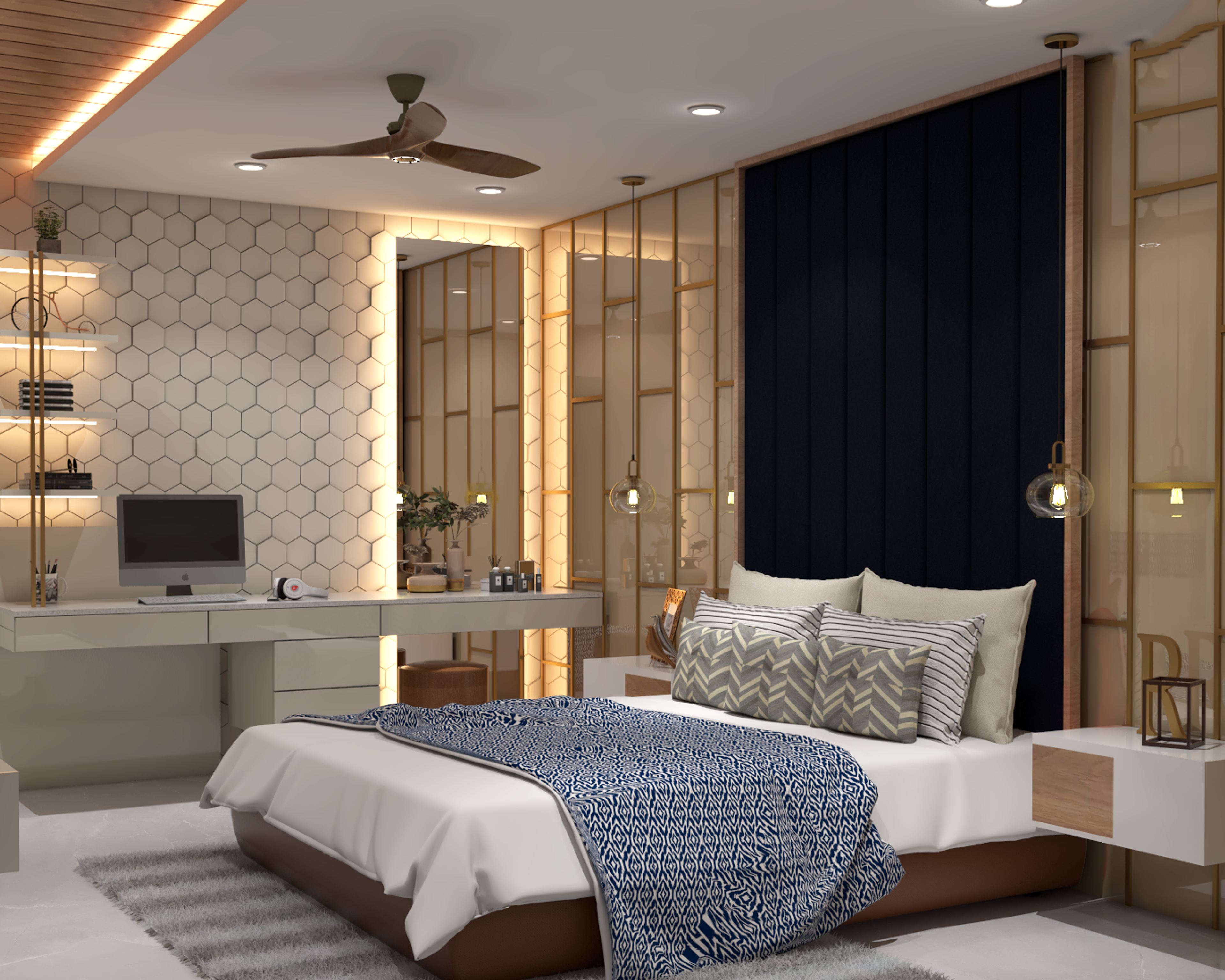 Contemporary Master Bedroom Design With Black Panelled Wall And Study Table