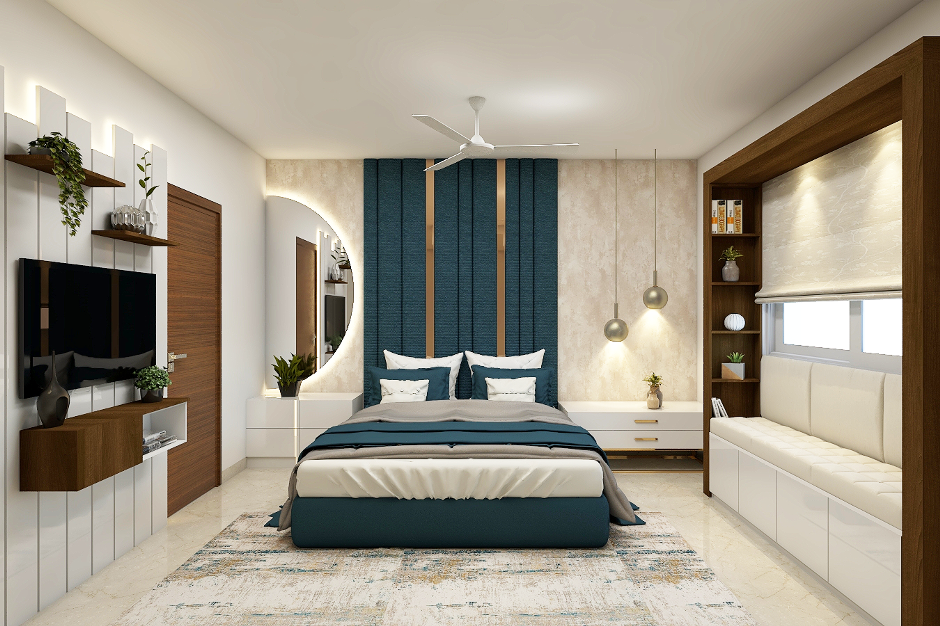 Modern Bedroom Design With Dark Blue Upholstered Bed