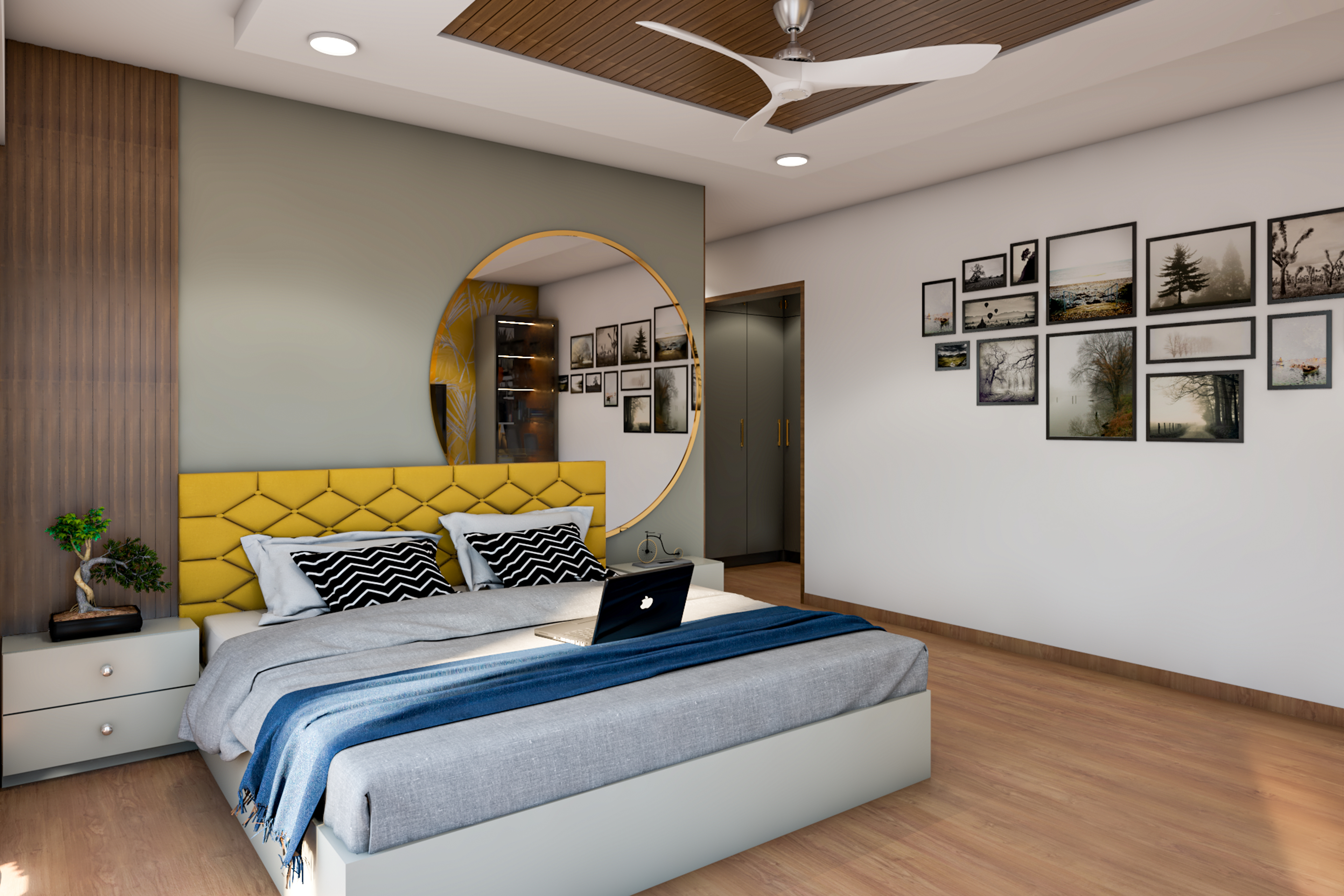 Modern Style Spacious Master Bedroom With Yellow Headboard