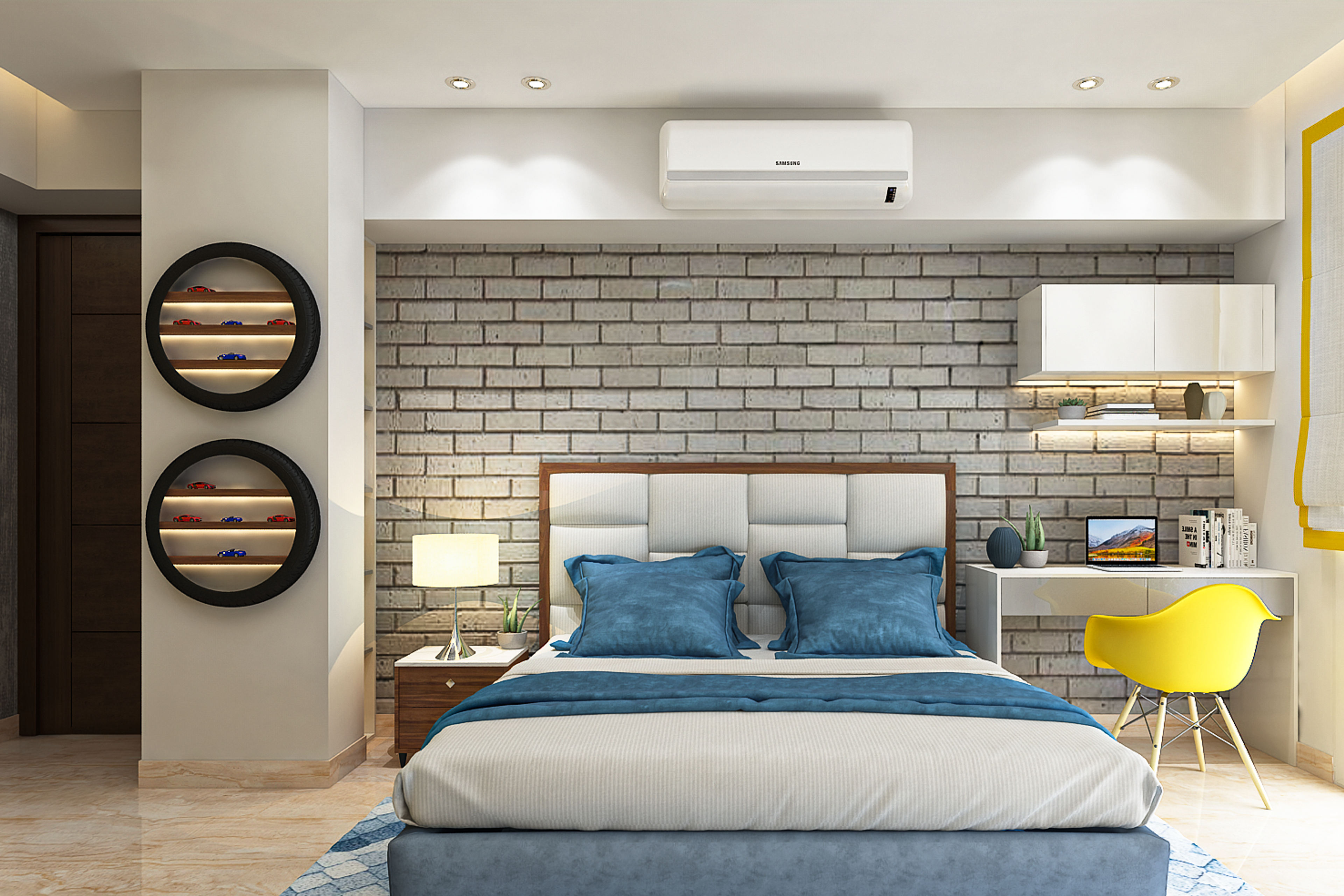 Blue Bed Master Bedroom Design With Brick Pattern