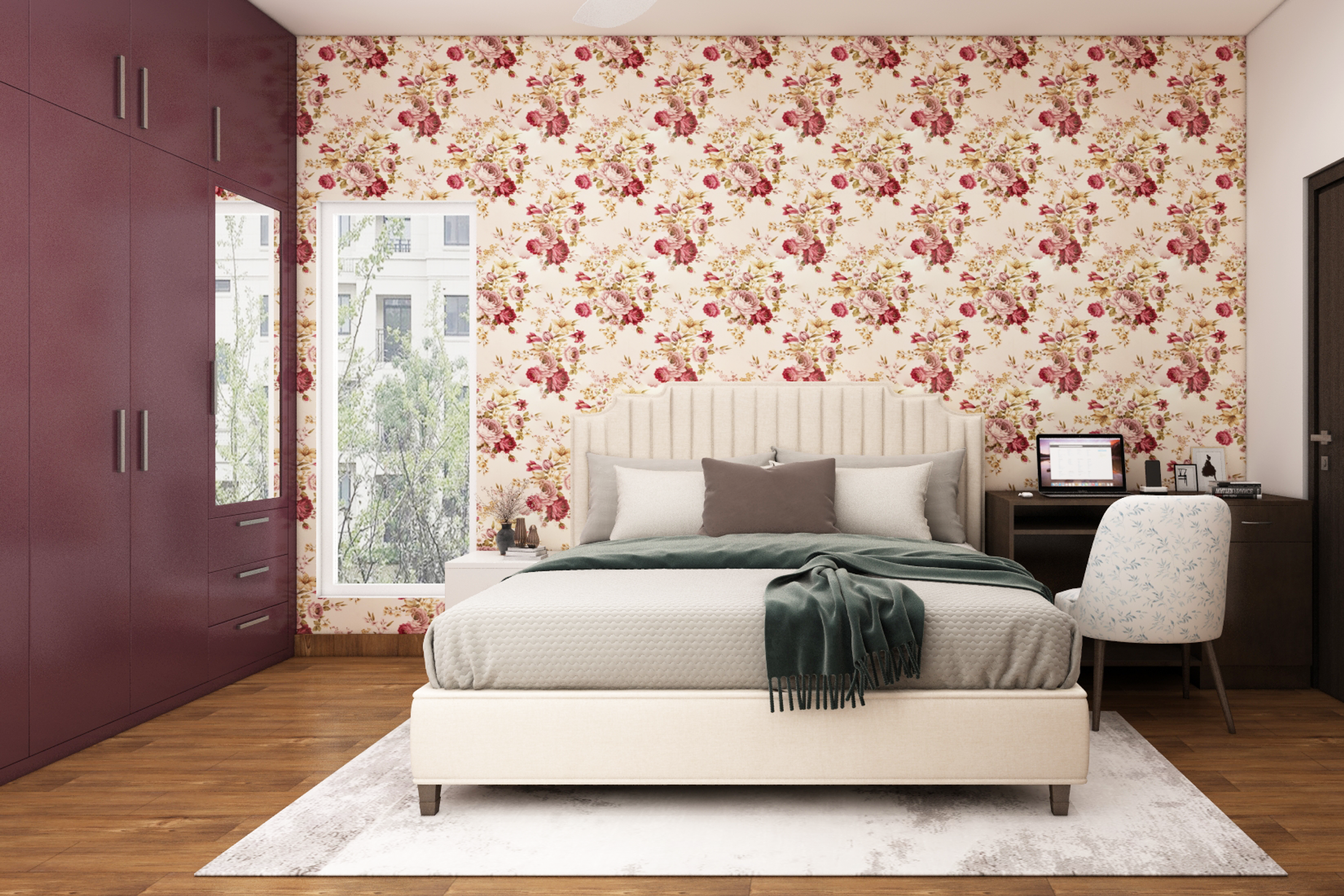 Pink-Themed Master Bedroom With Floral Wallpaper