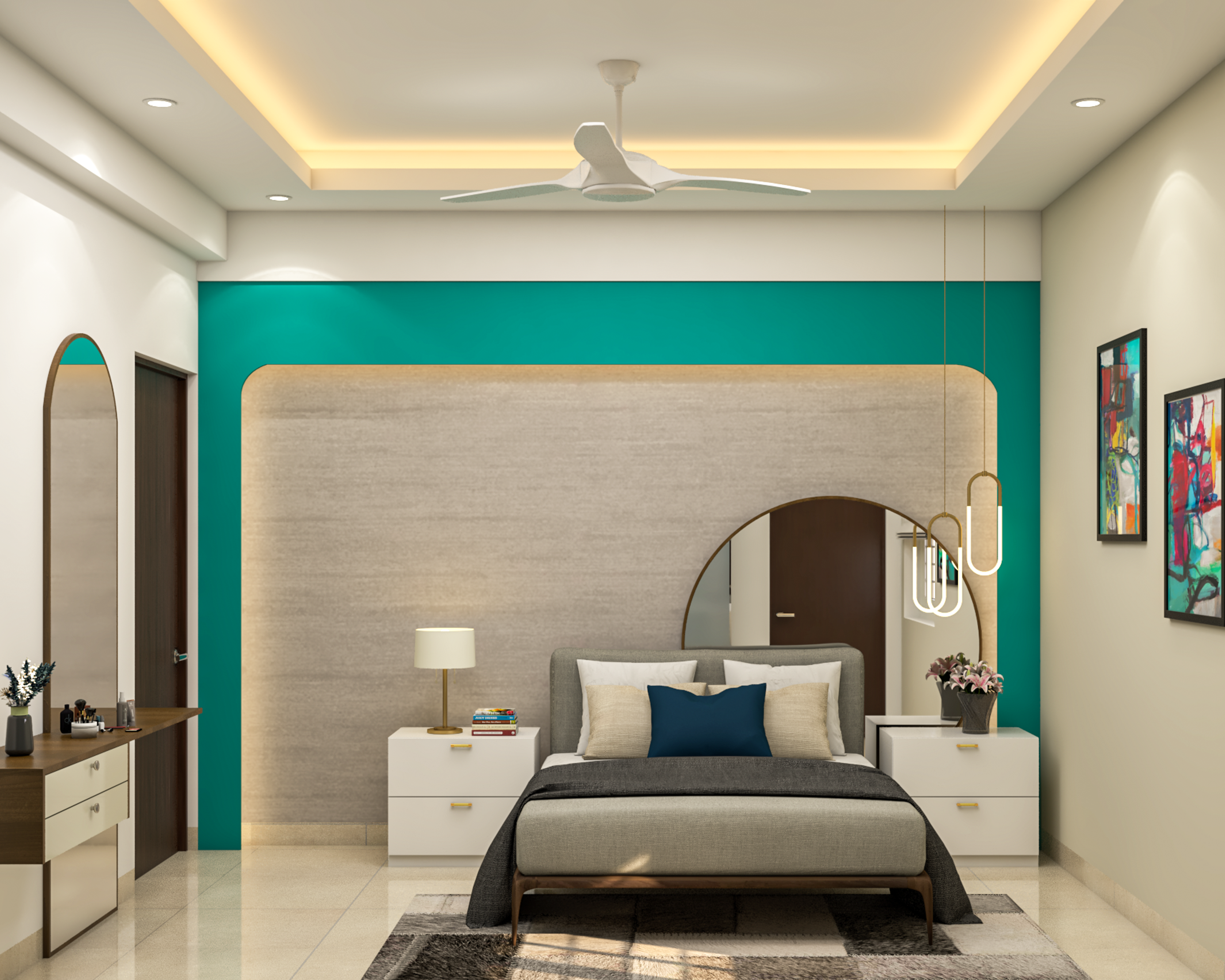 Modern Master Bedroom Design With Cyan Blue And Beige Accent Wall