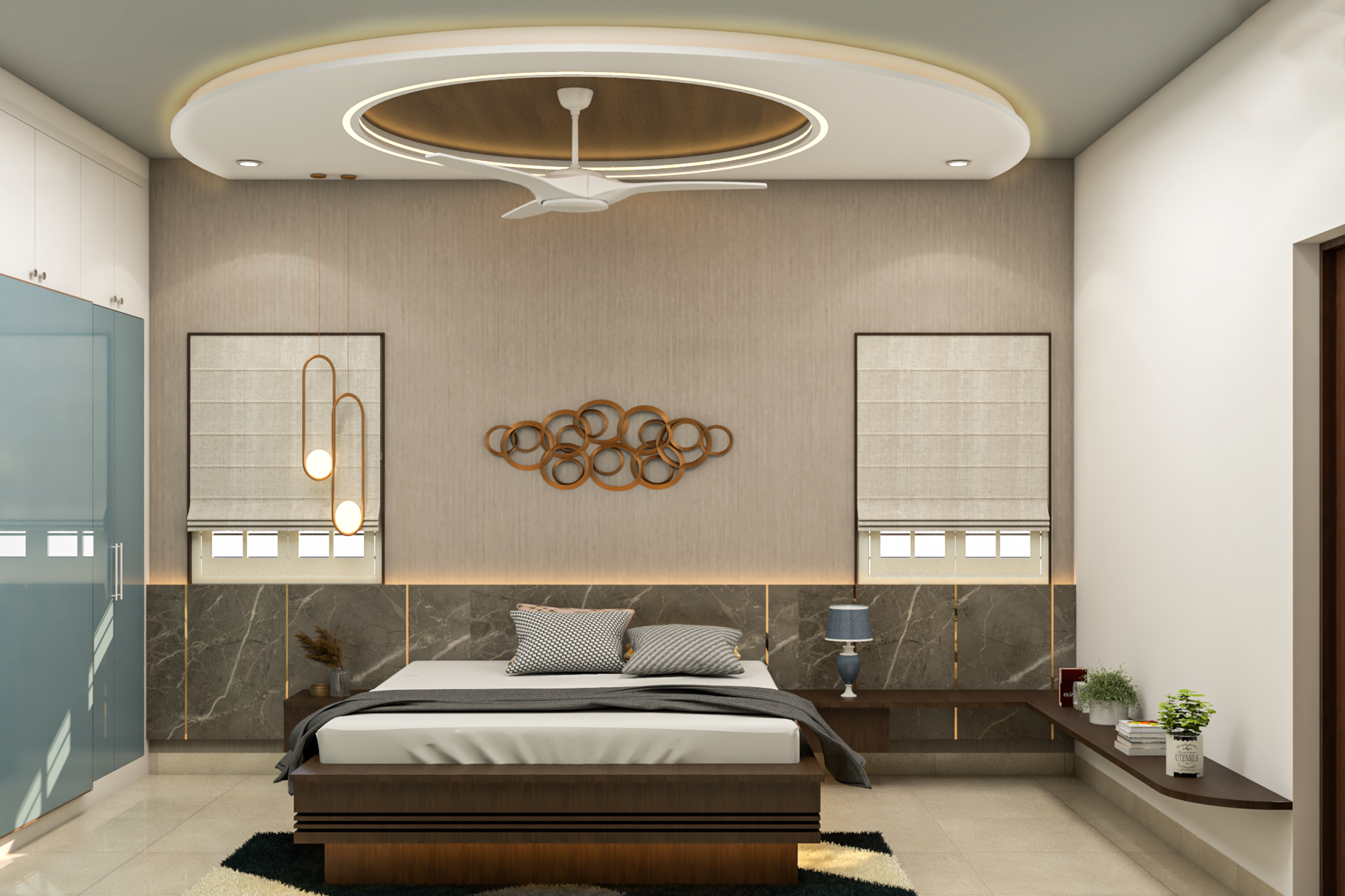 Contemporary Beige And Brown Master Bedroom Design With Circular False Ceiling