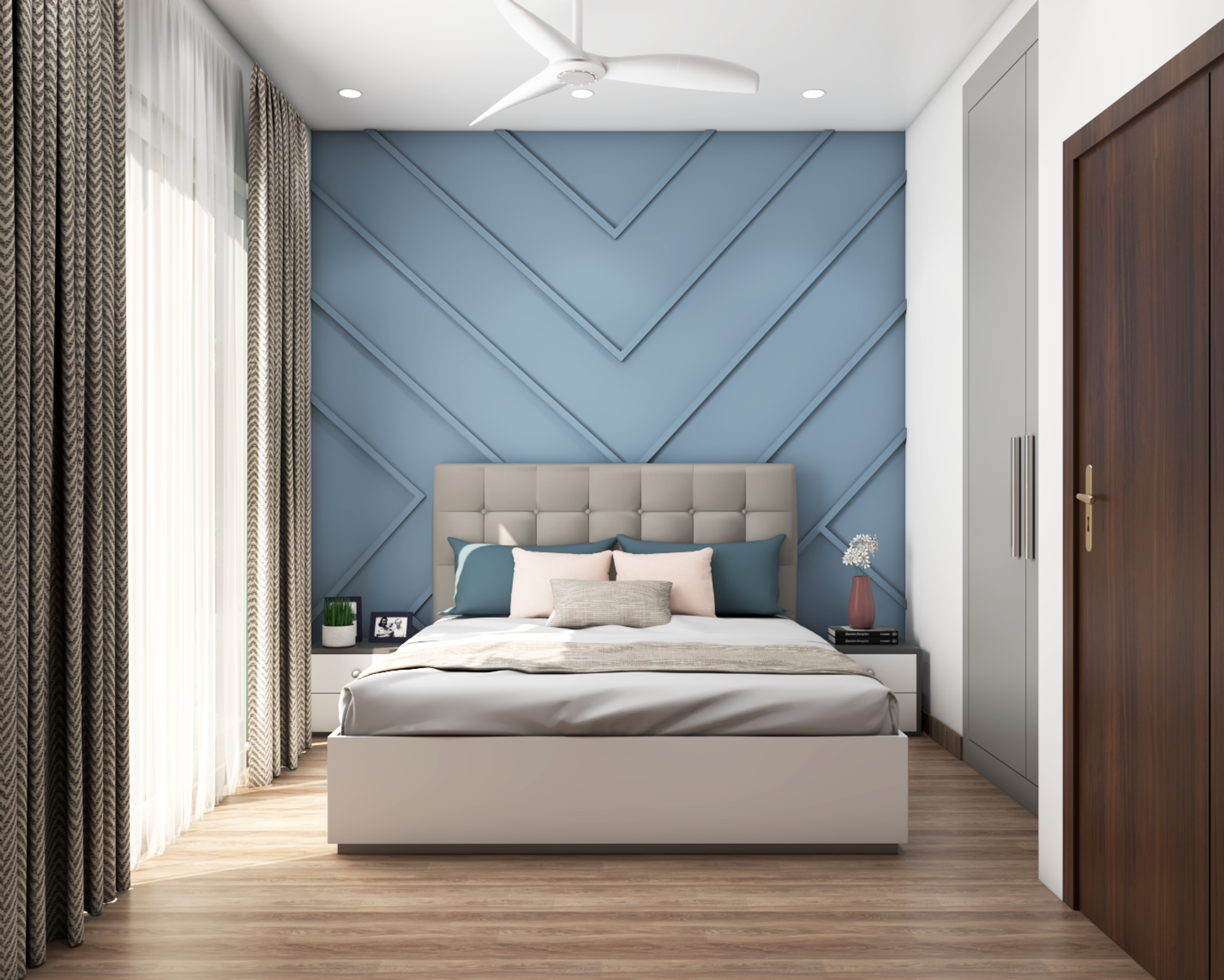 Modern Master Bedroom Design With Blue Wall