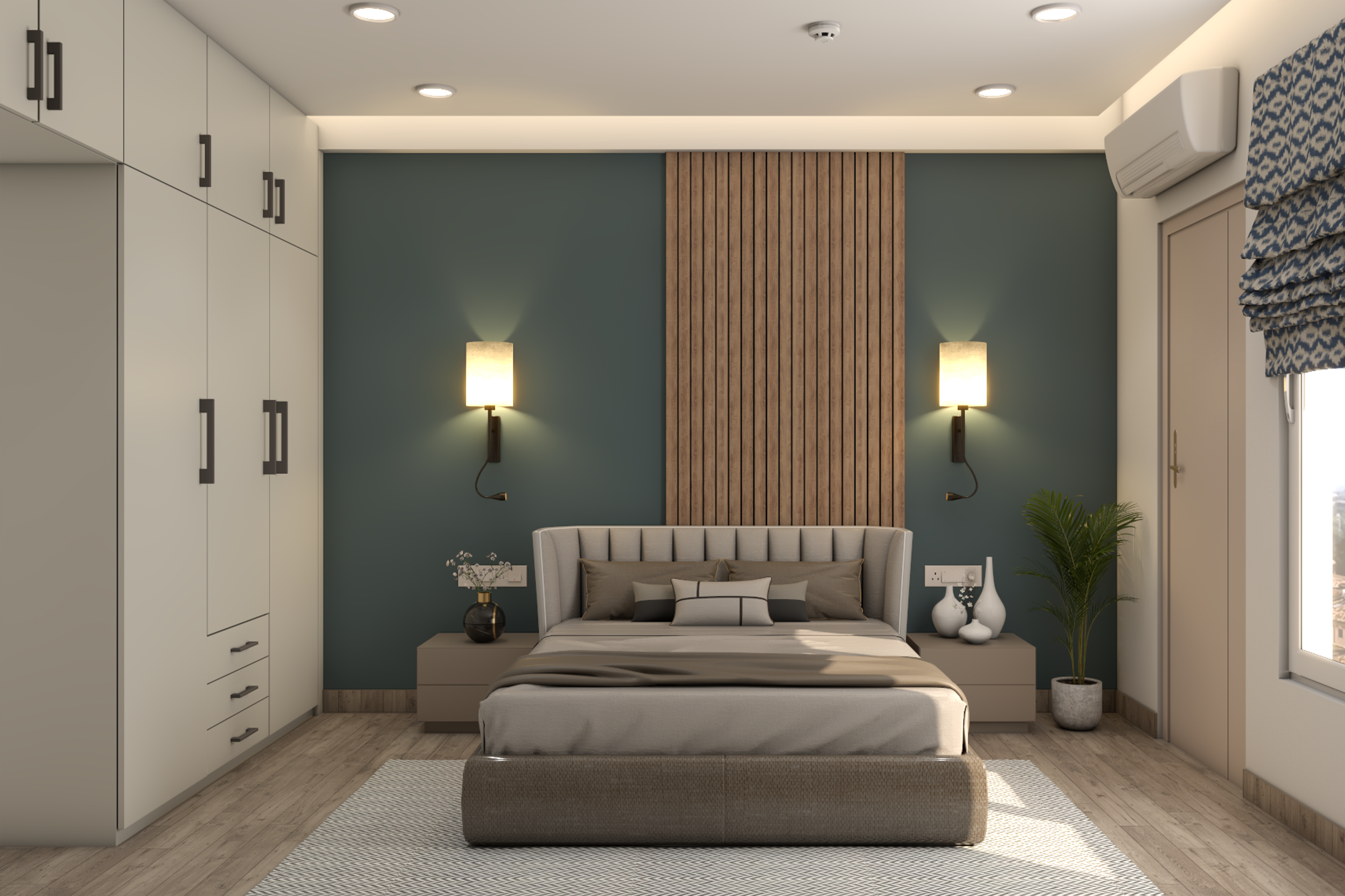 Modern Spacious Master Bedroom Design With Grey Interiors And A Wardrobe
