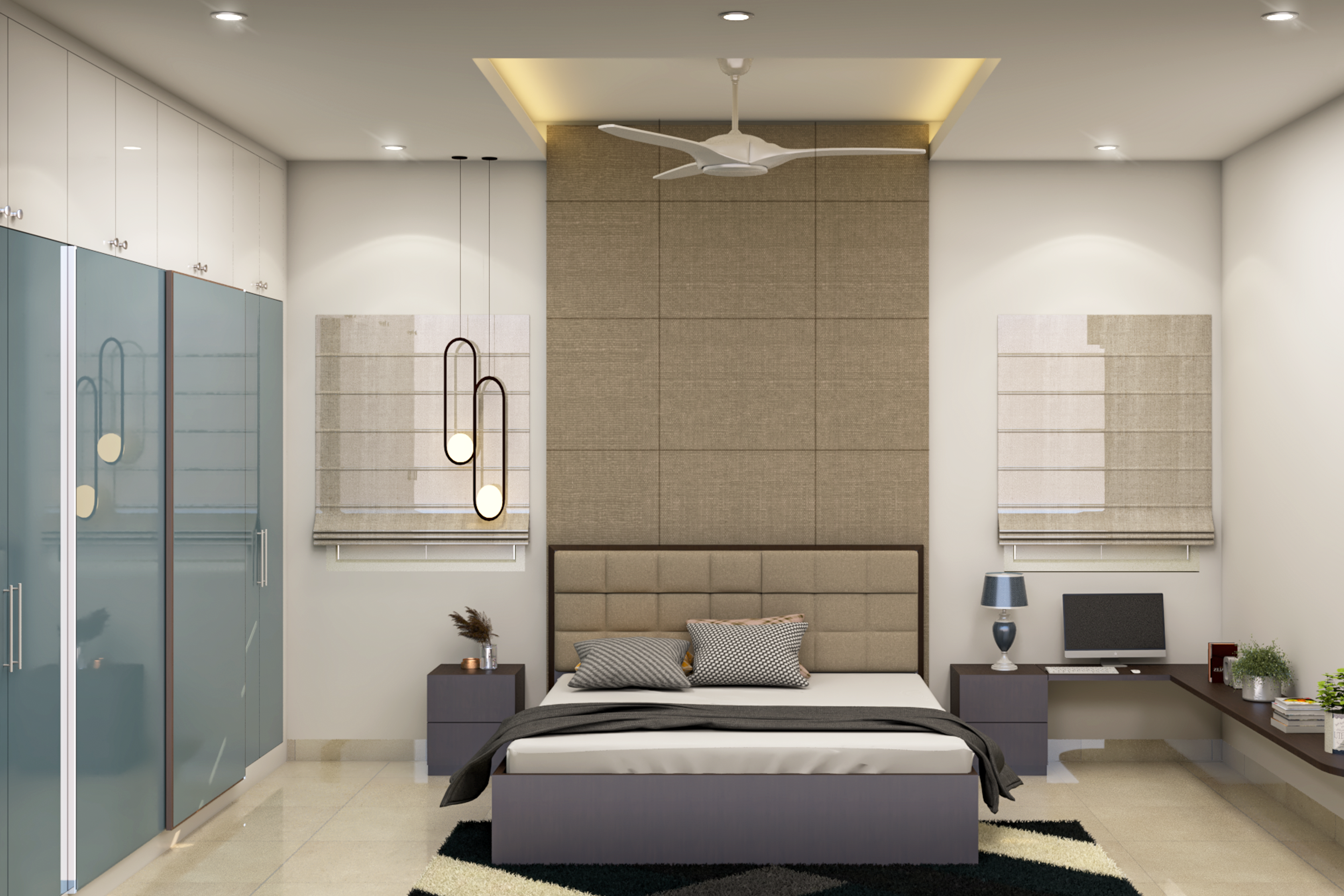 Grey And Blue Finish Master Bedroom Design With Modern Interiors