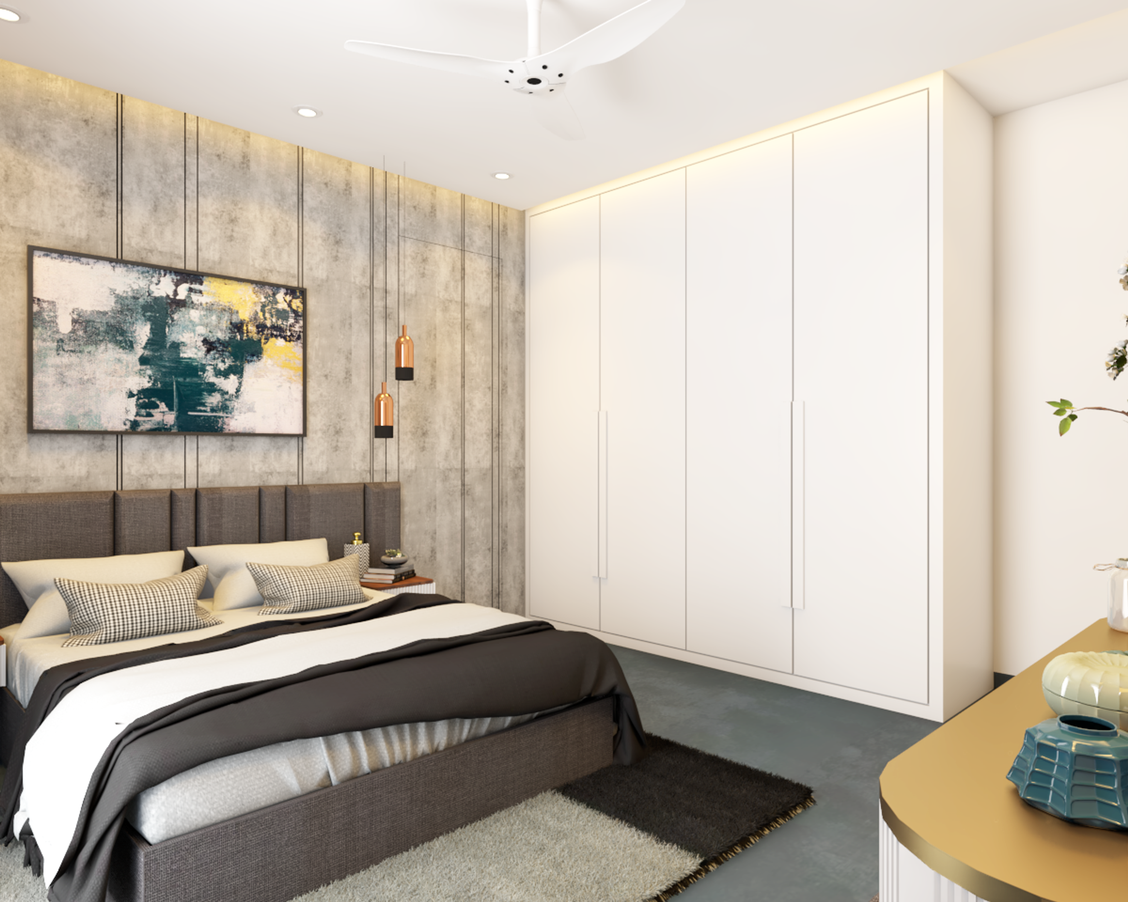 Grey Themed Bedroom With Multiple Hanging Lights - Livspace