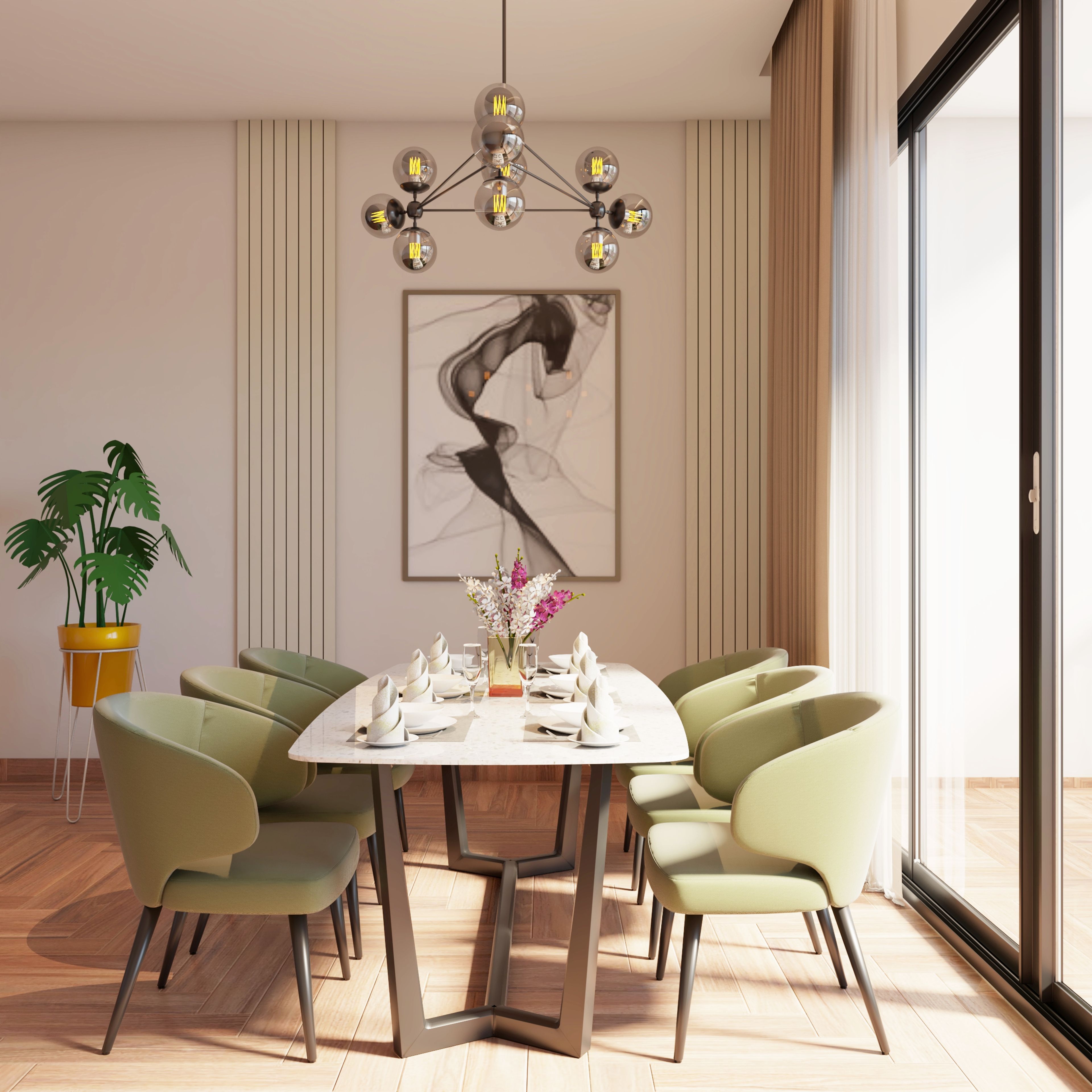 Beige And Green Dining Room Design - Livspace