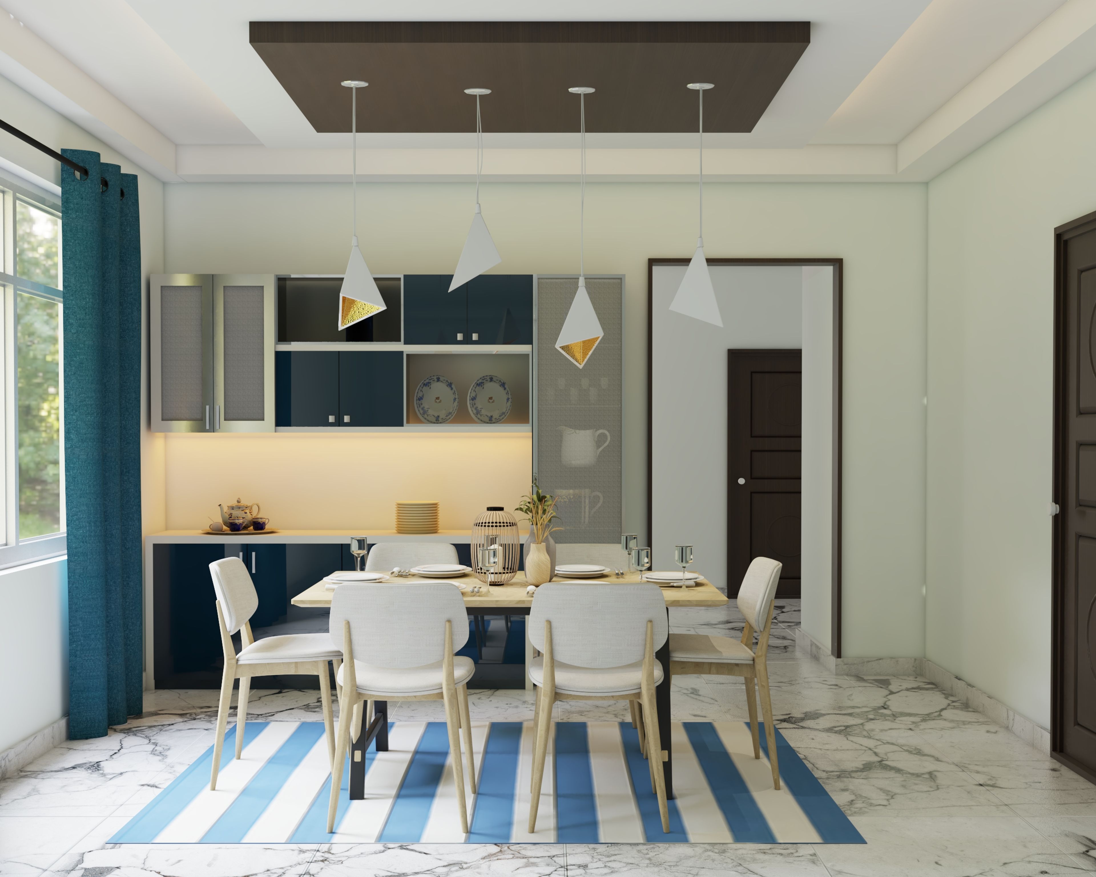 Modern Dining Room Design With Glossy Crockery Unit
