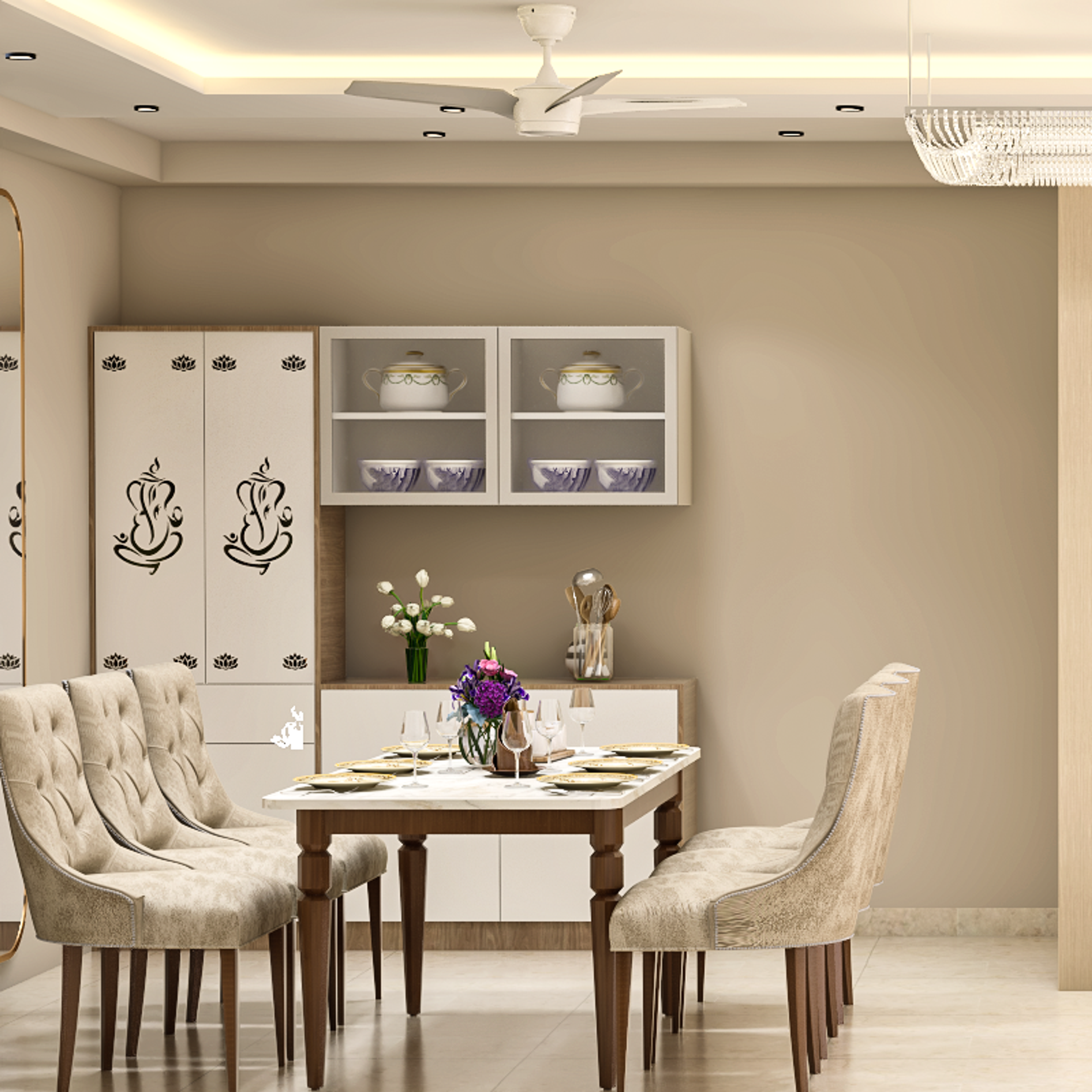 Spacious Modern Style Dining Room Design With Pooja Unit