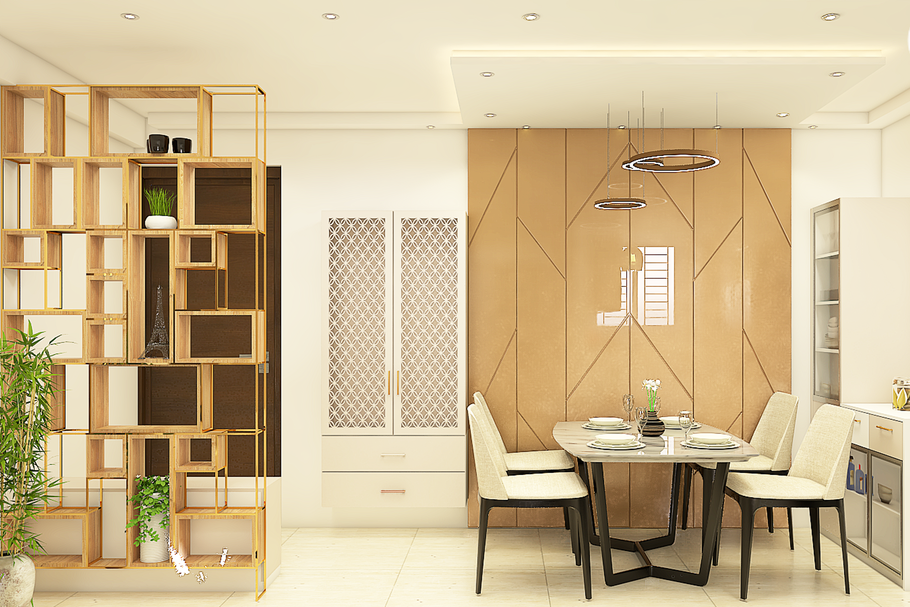 Contemporary Dining Room Design With Pooja Unit - Livspace