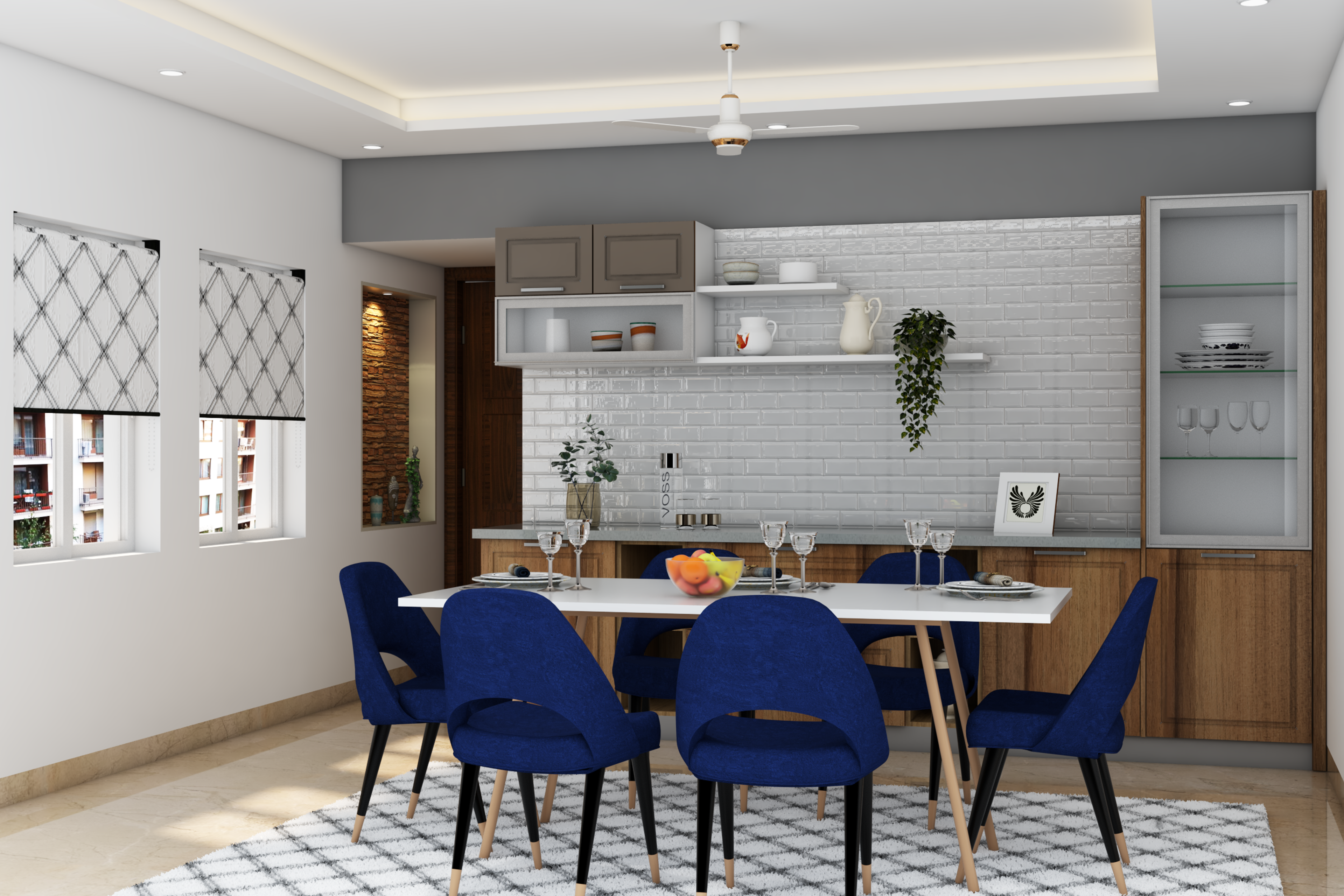 Spacious 6-Seater Dining Room Design With Dark Blue Upholstered Chairs