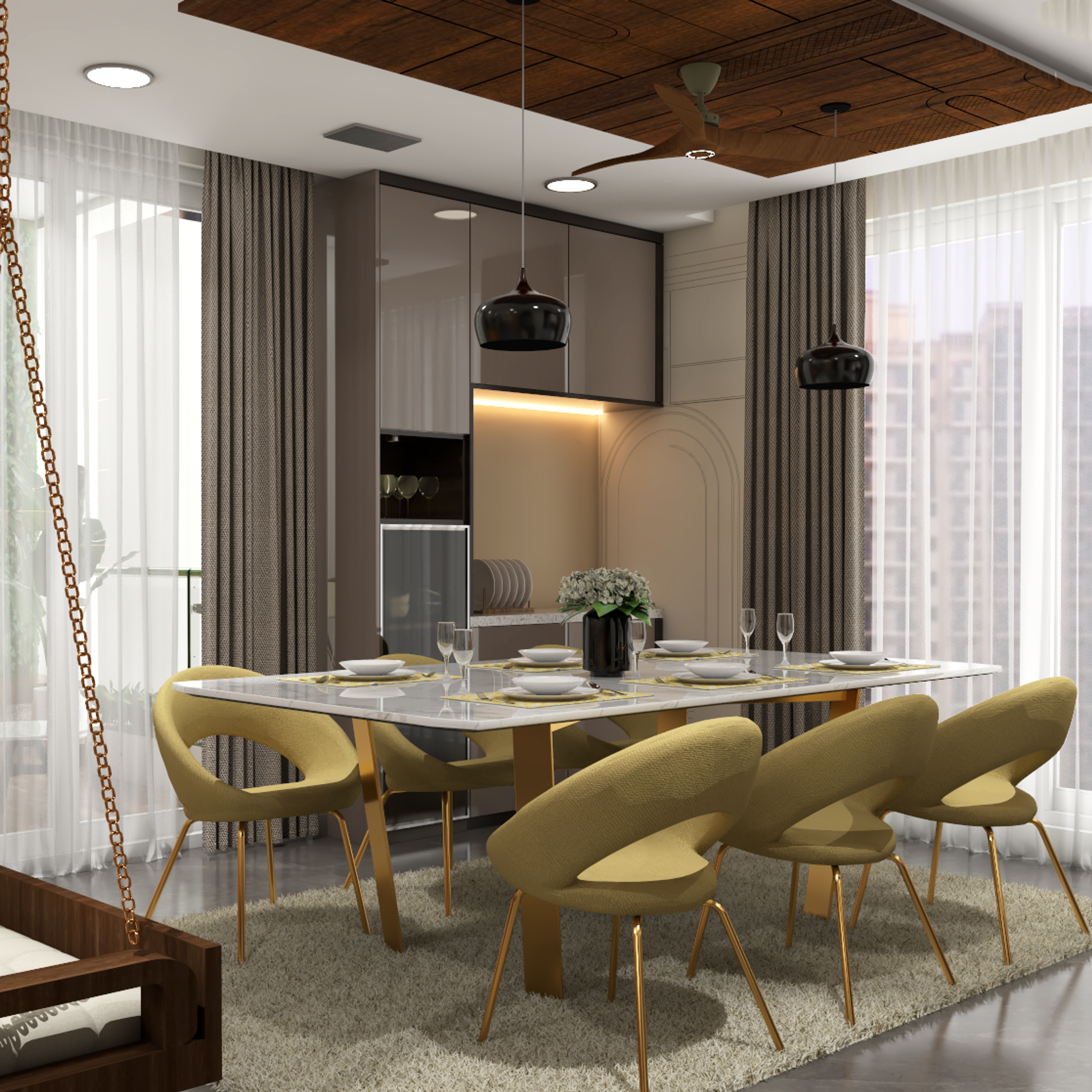 Contemporary Spacious 6-Seater Dining Room Design With White Marbletop