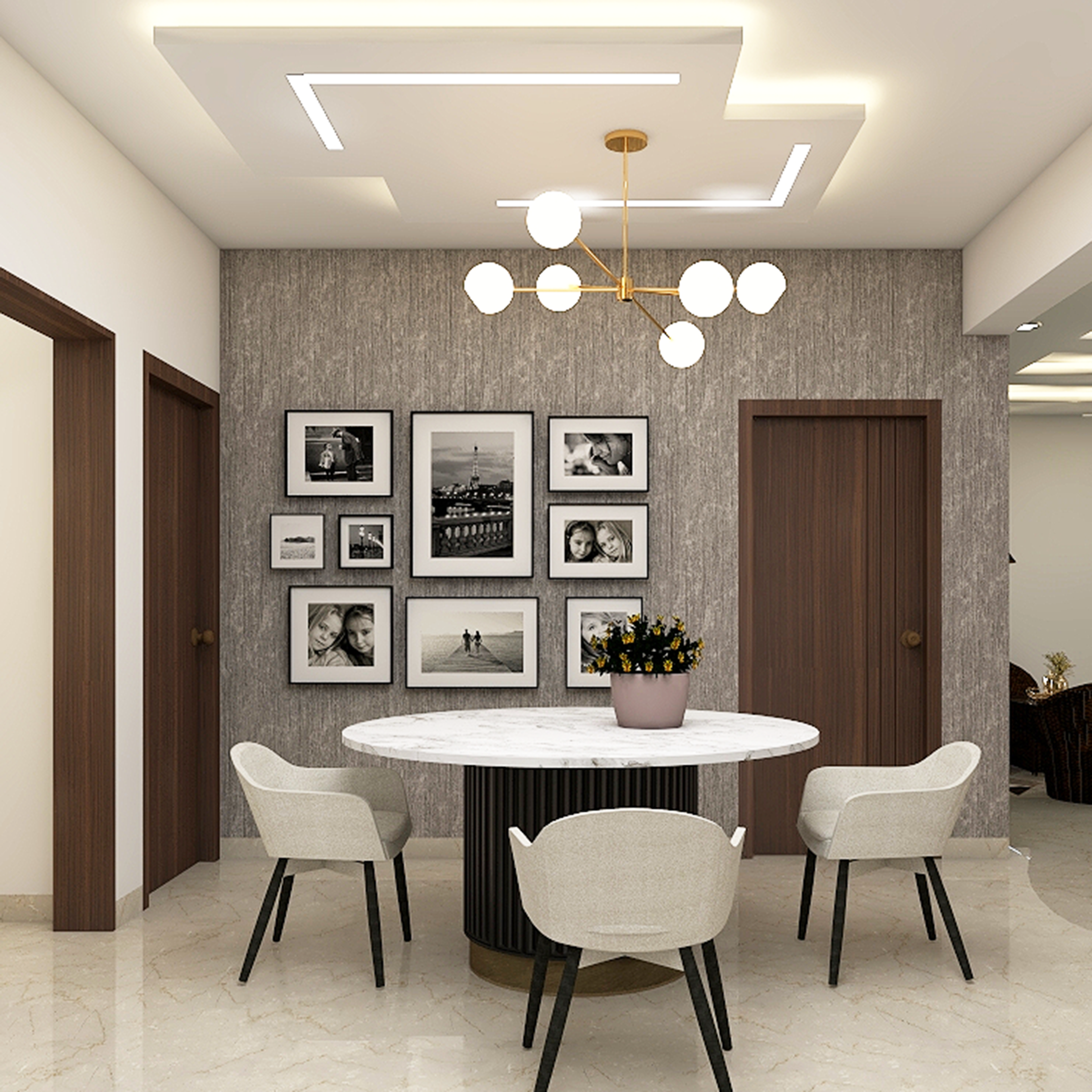 Contemporary Style Spacious Dining Room Design With Grey Accent Wall