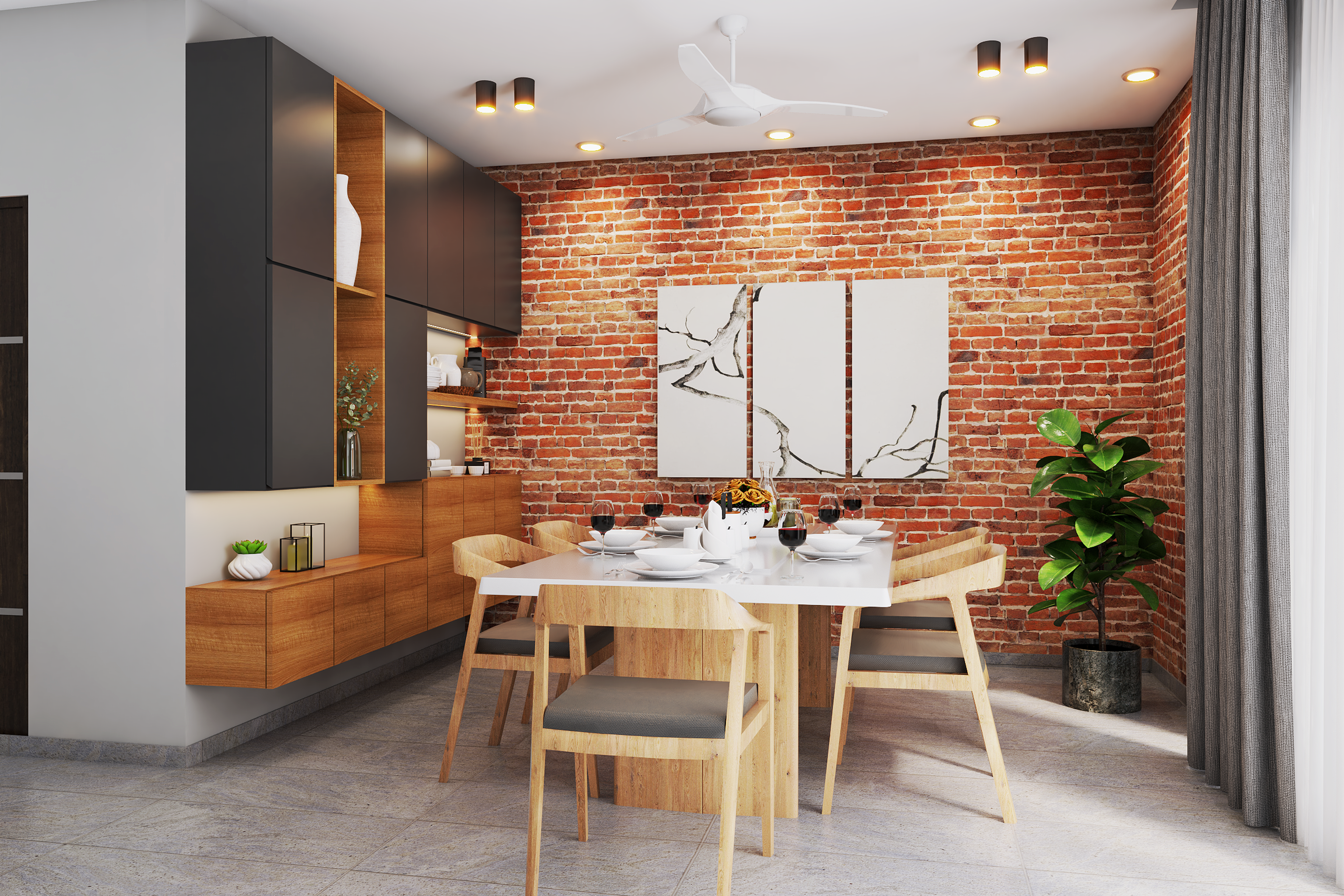 Modern Dining Room Design With Brick Accent Wall