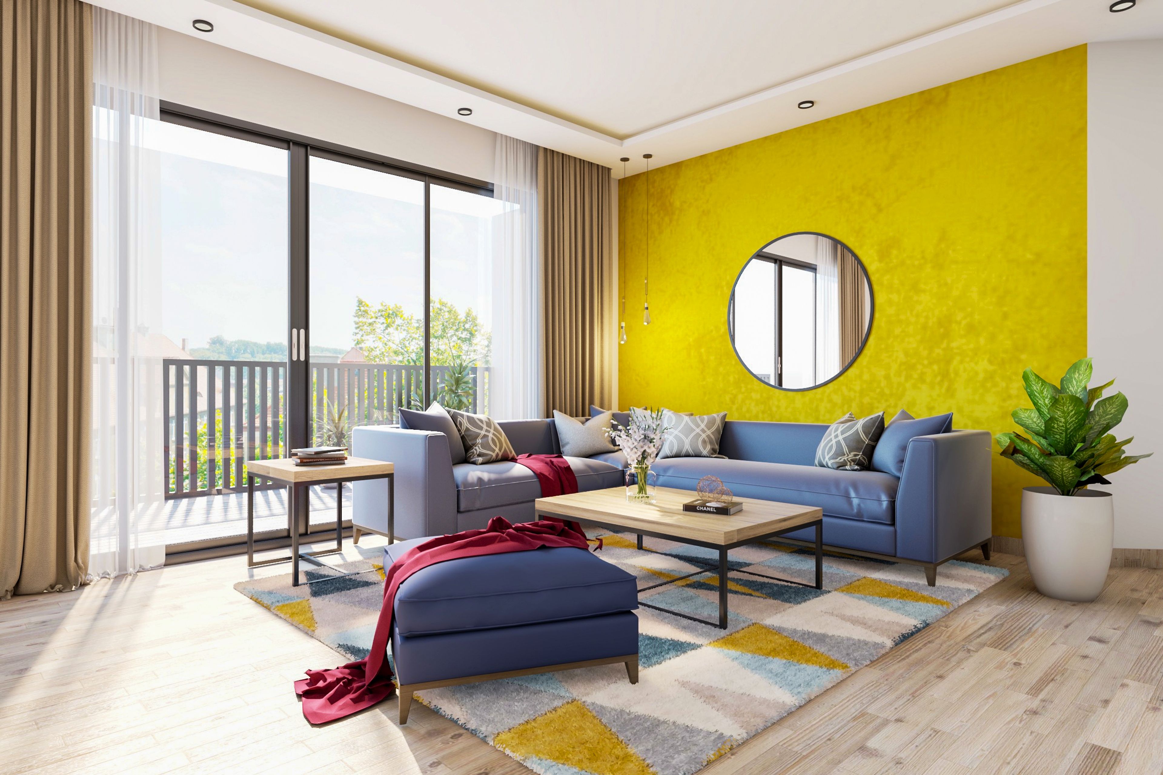 Contemporary L-Shaped Living Room Design In Yellow And Blue