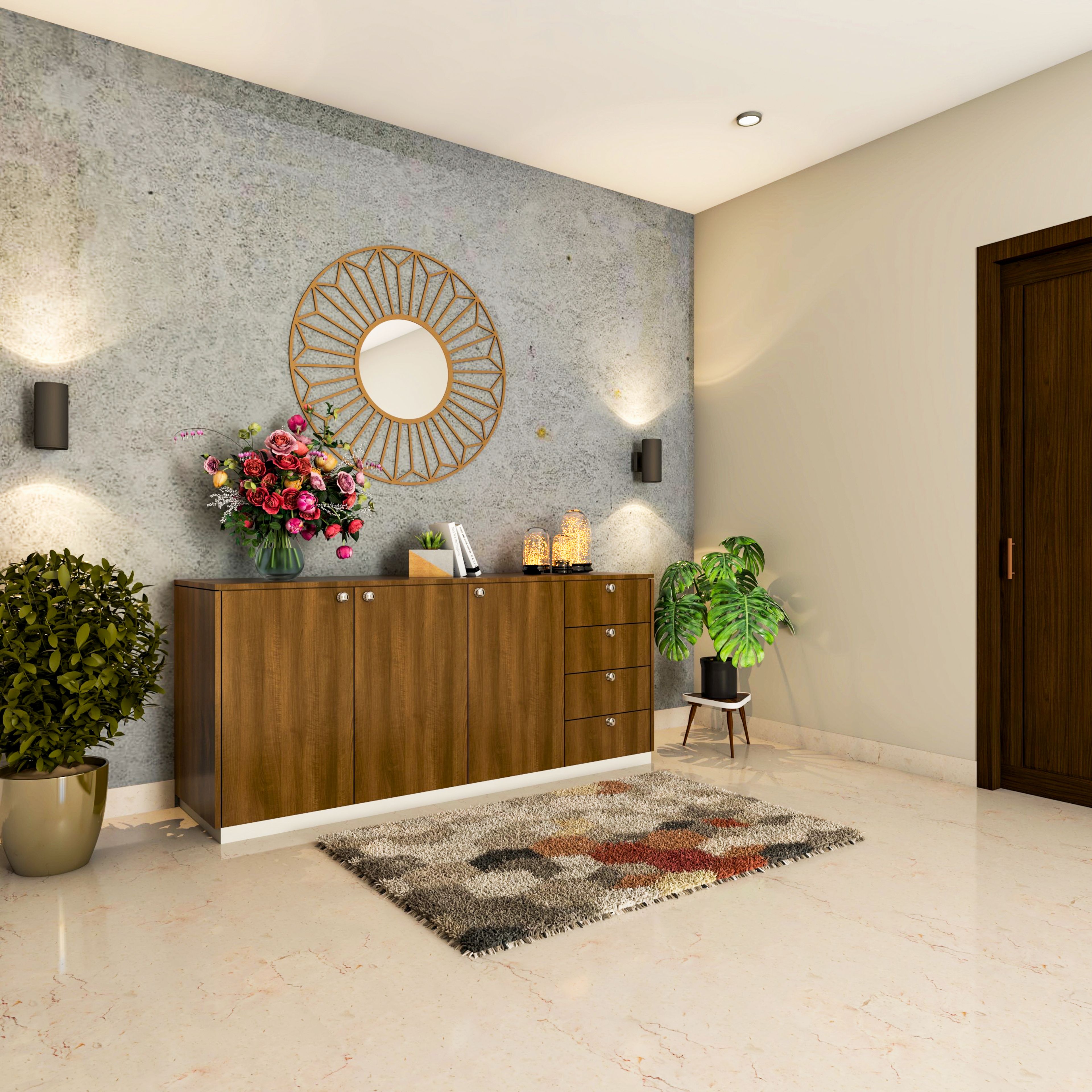 Contemporary Foyer Design With Brass Framed Mirror - Livspace