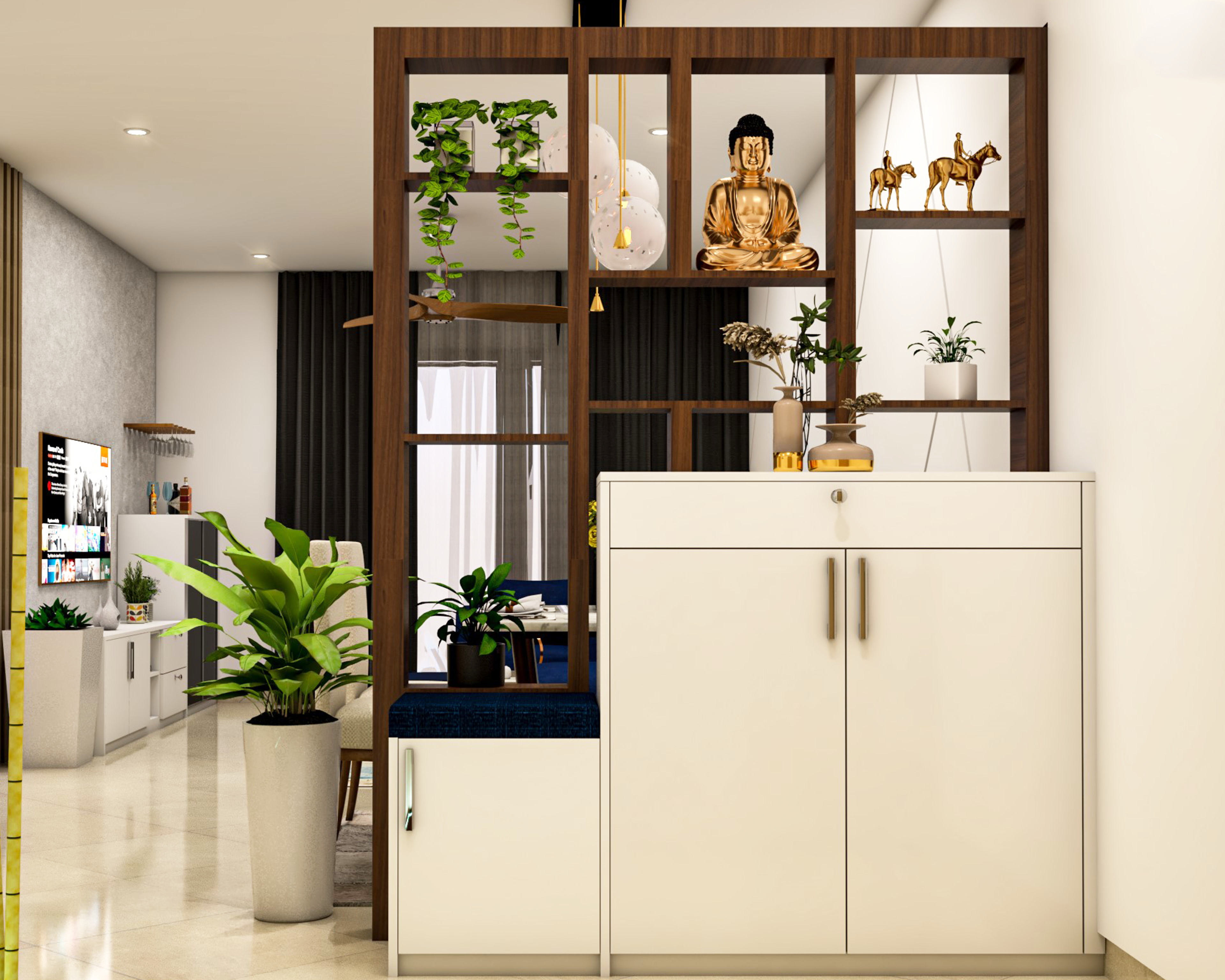 Modern Spacious Foyer Design Idea With Dark Blue Cushion