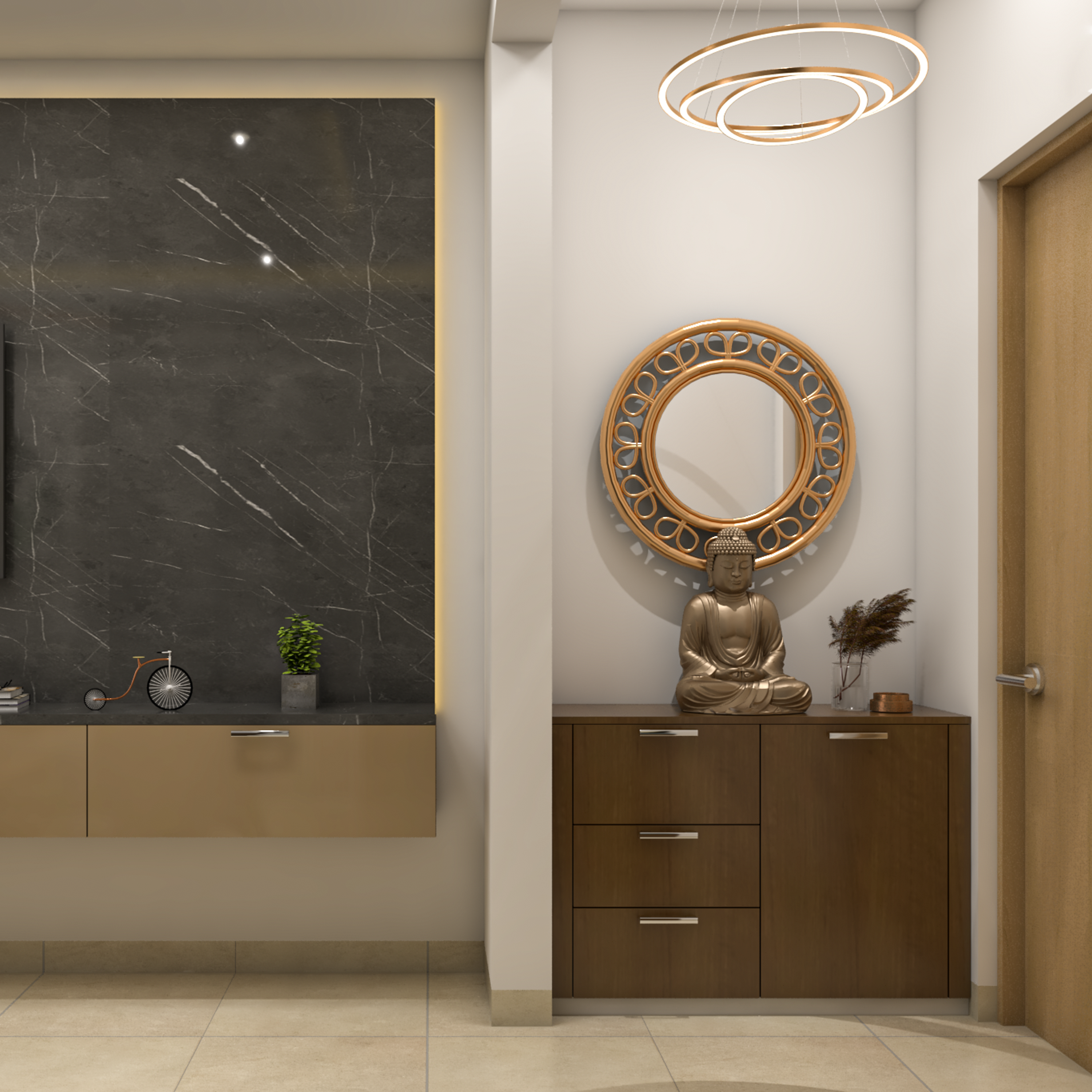 Contemporary Foyer Design With Buddha Statue