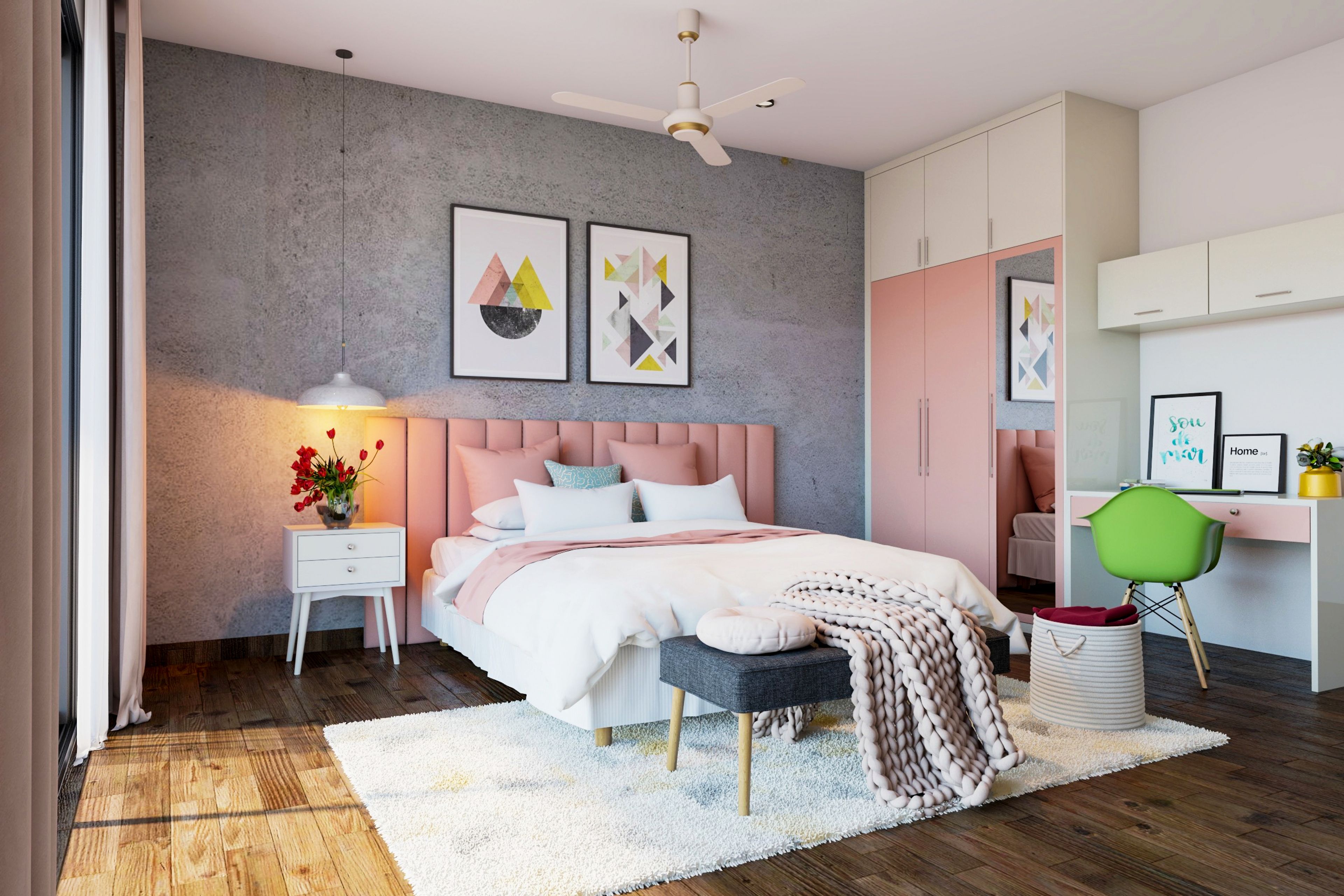 Modern Pink And Grey Kid's Bedroom Design With Study Table