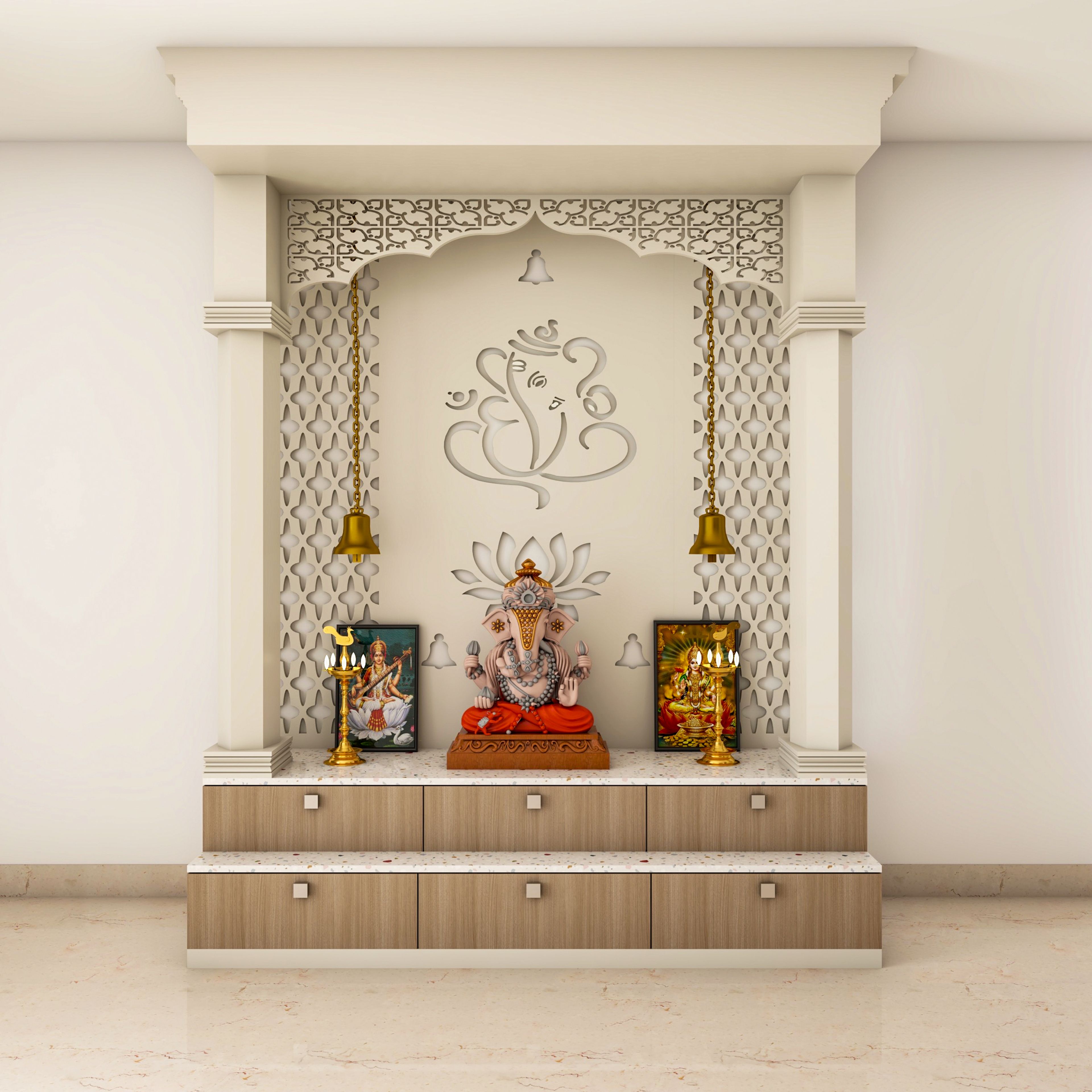 Traditional Pooja Room Design With Two-Step Platform And Creamy White Interiors
