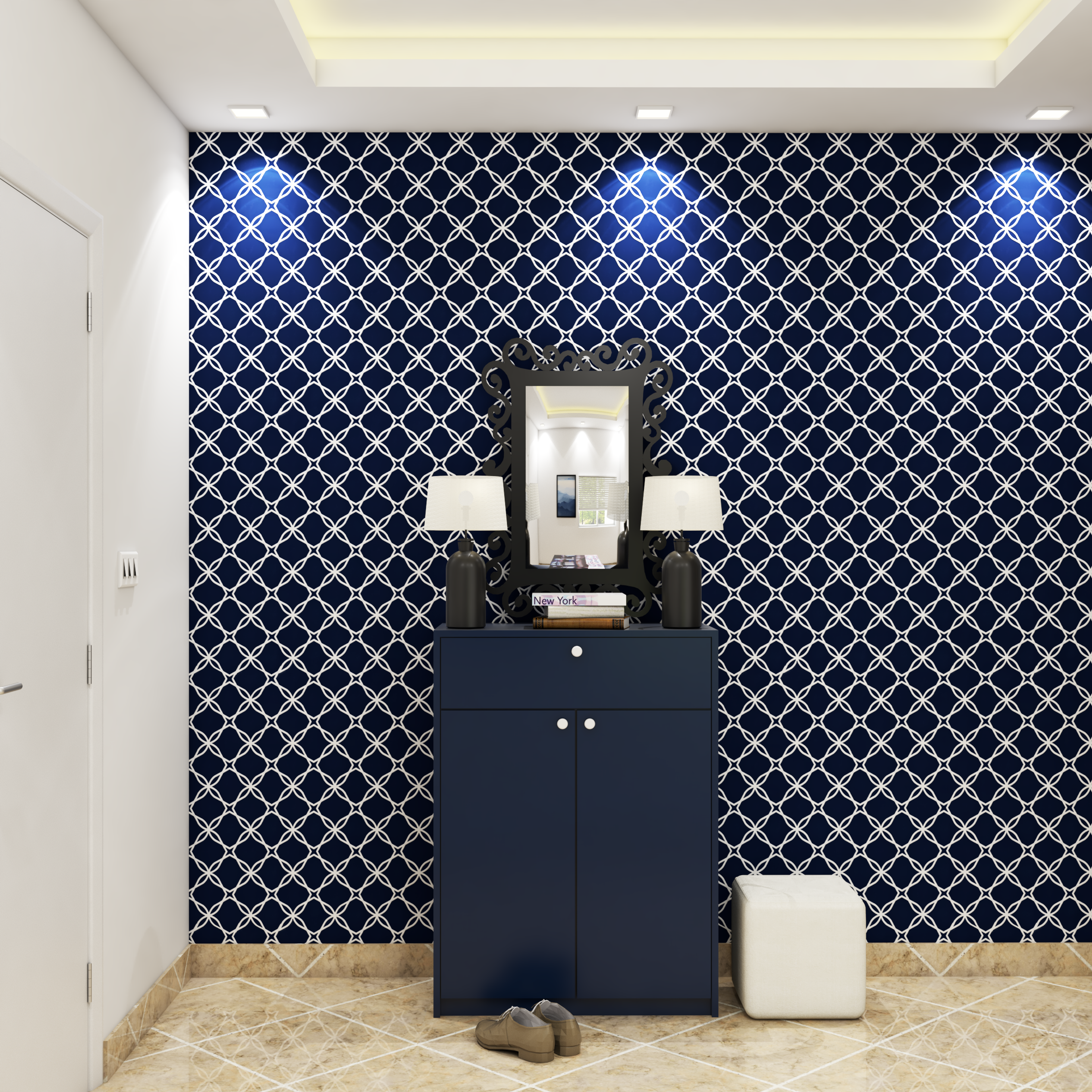 Modern Blue And White Patterned Wallpaper Design For Foyers
