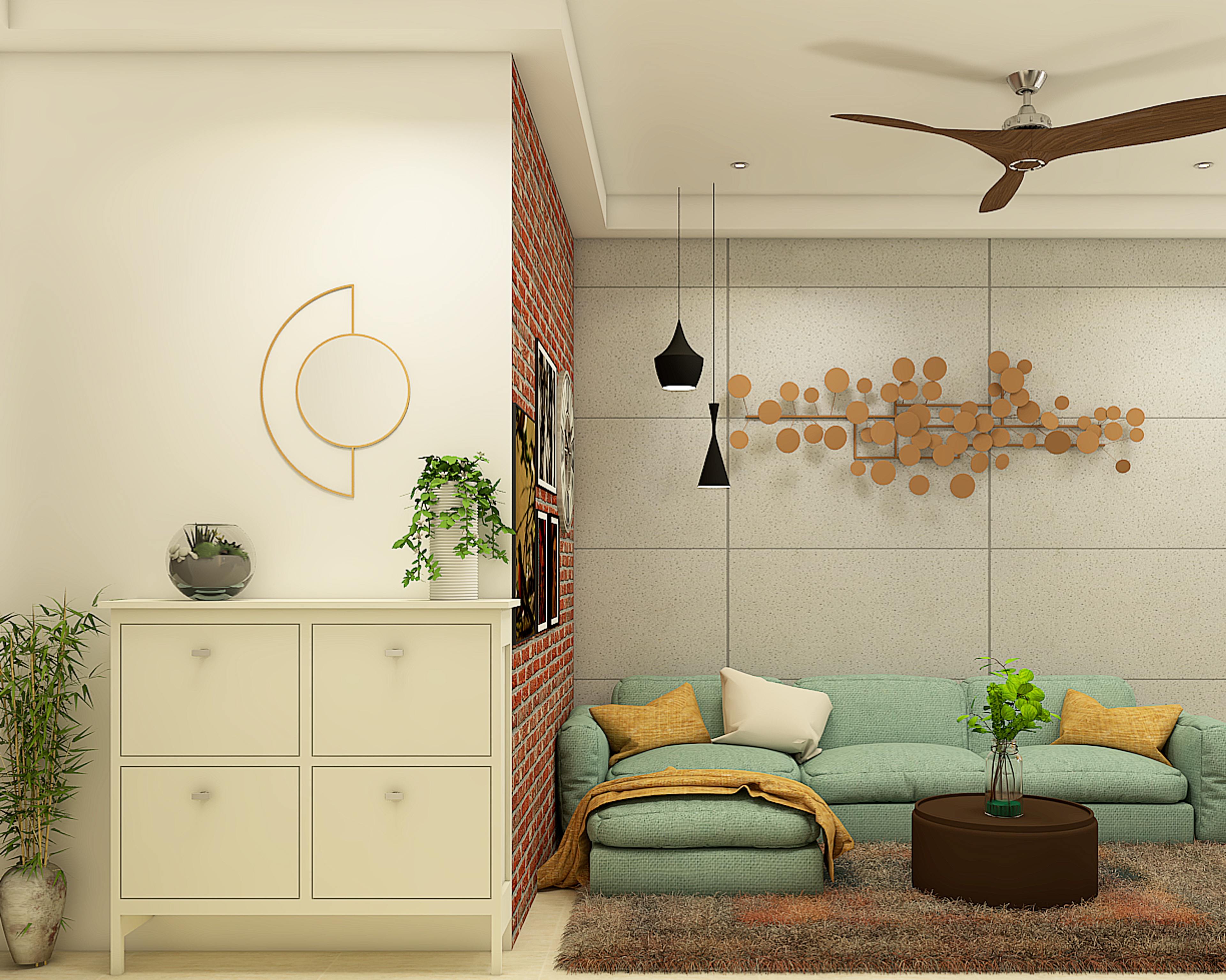 Modern Foyer Design With Golden Wall Art