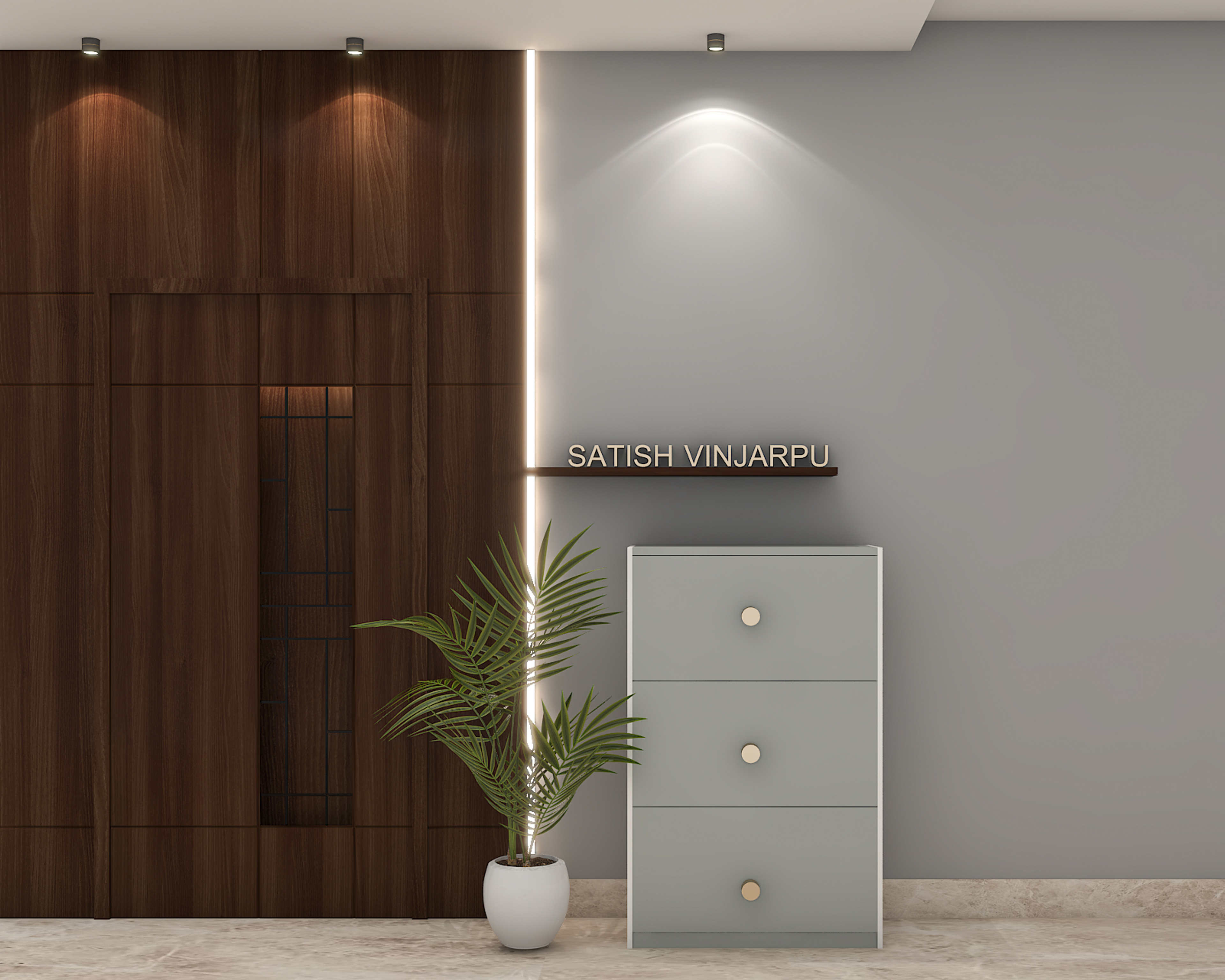 Modern Foyer Design In Grey And Wood